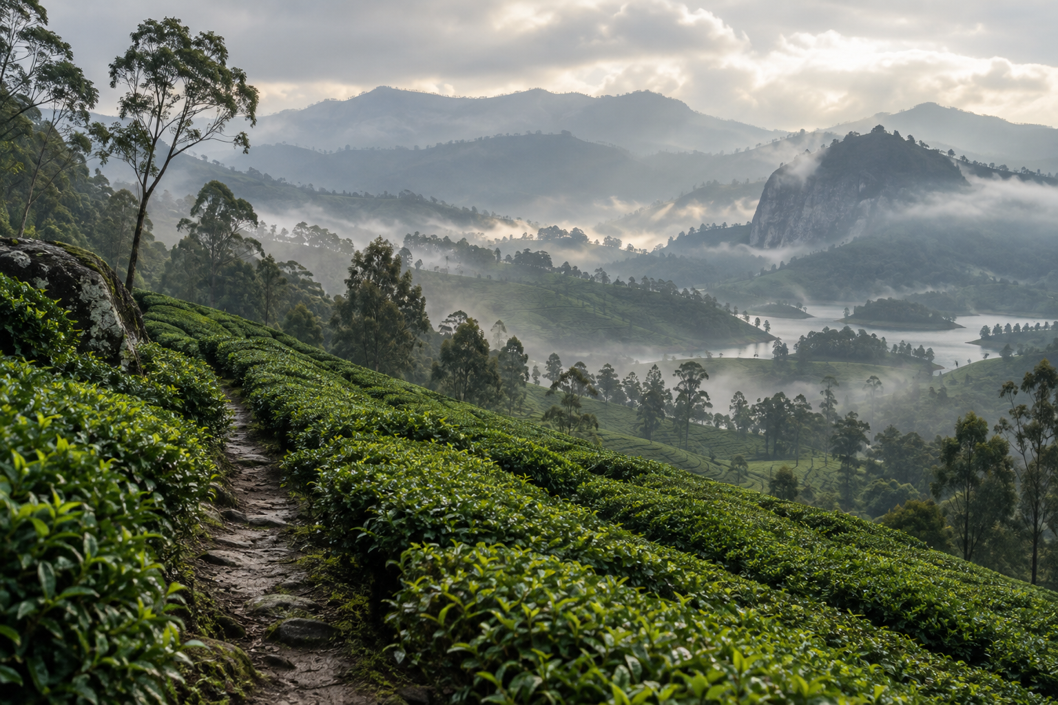 Misty tea fields and layered green hills in Sri Lanka's central highlands