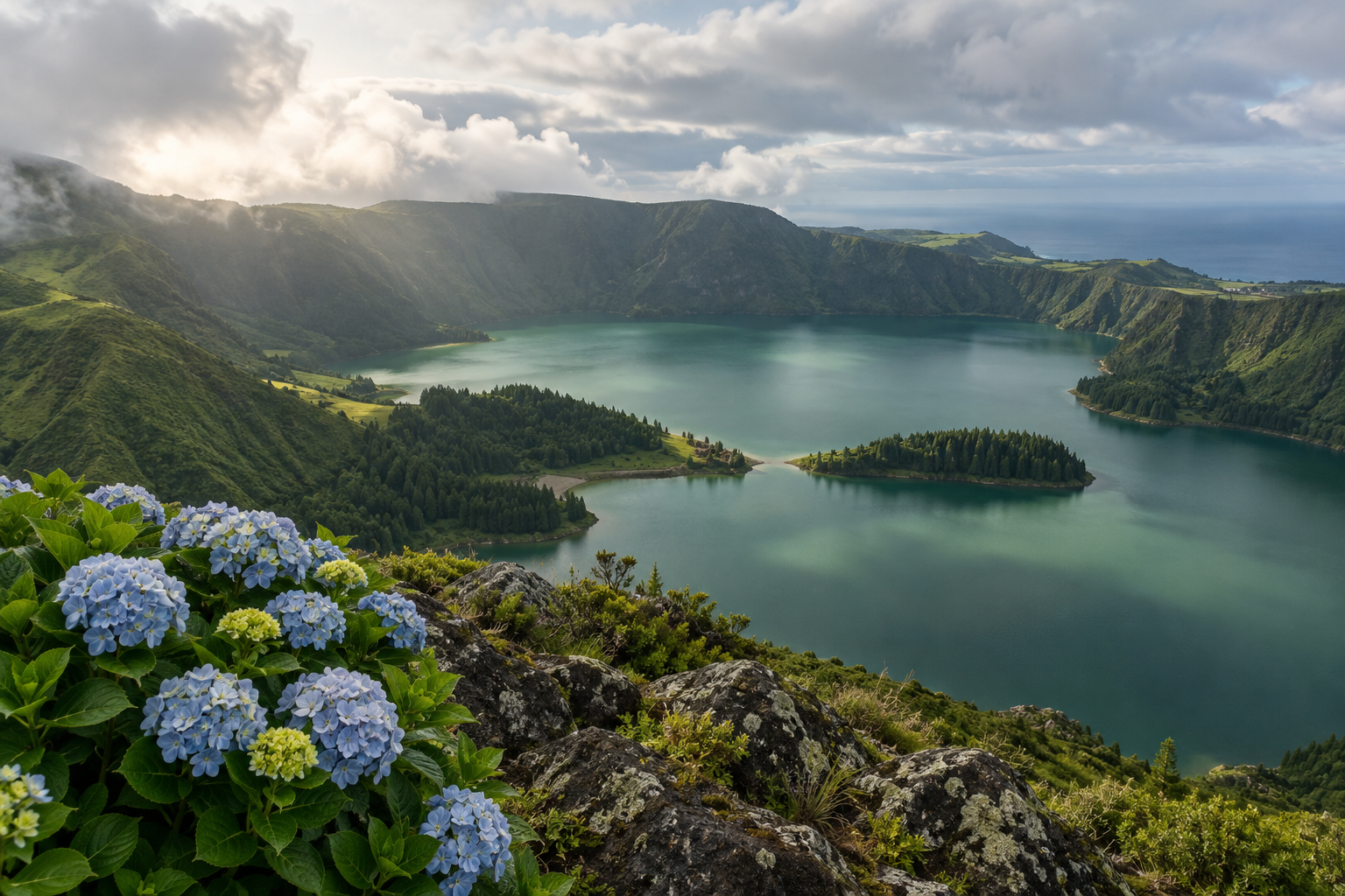Green volcanic crater lake and hydrangeas on São Miguel in the Azores
