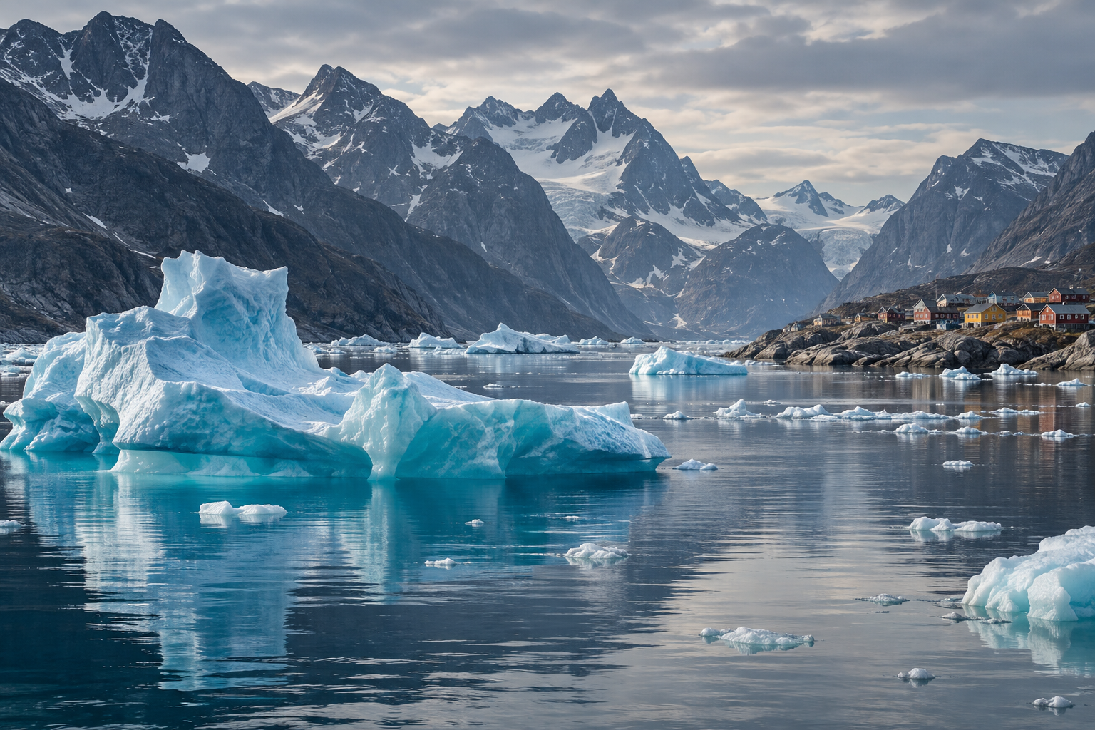 Blue icebergs drifting through a Greenlandic fjord below dark mountains