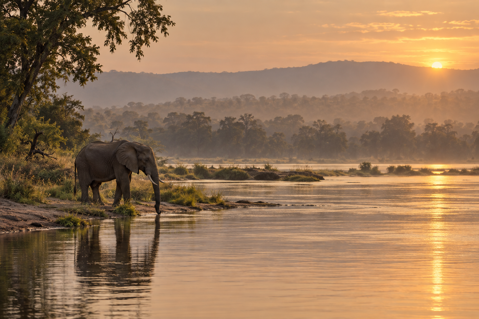 Elephant beside the Zambezi River at first light in Zambia
