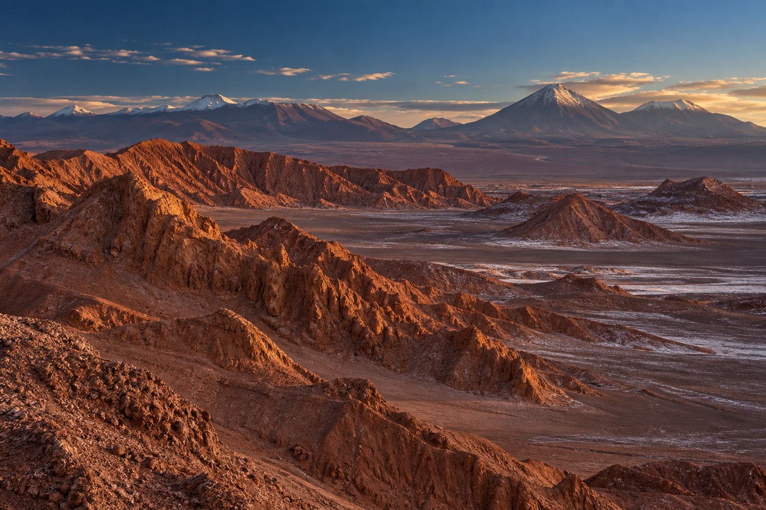 Rust-red valley and salt mountains in Chile's Atacama Desert at dusk