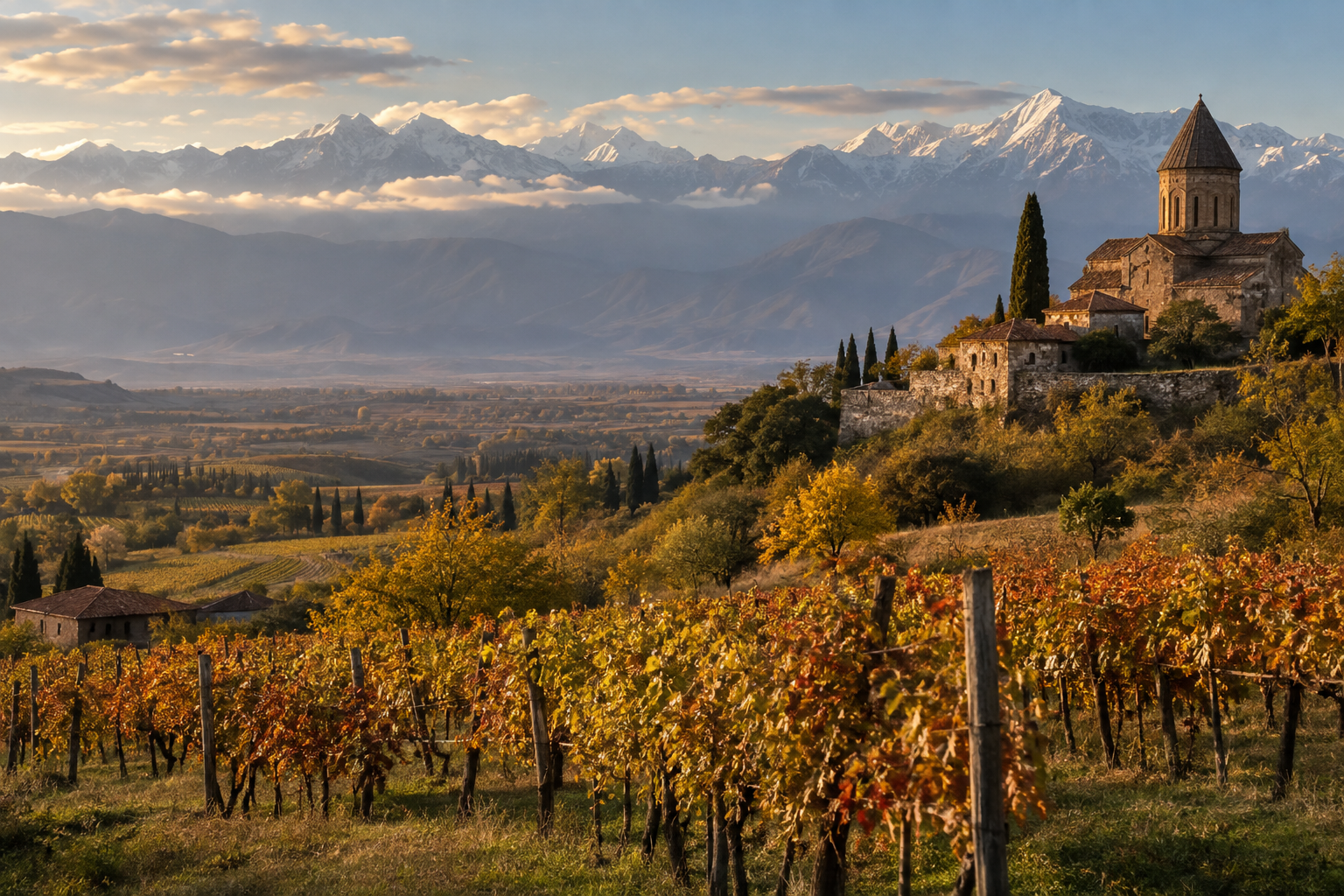 Kakheti vineyard landscape and Caucasus Mountains in Georgia