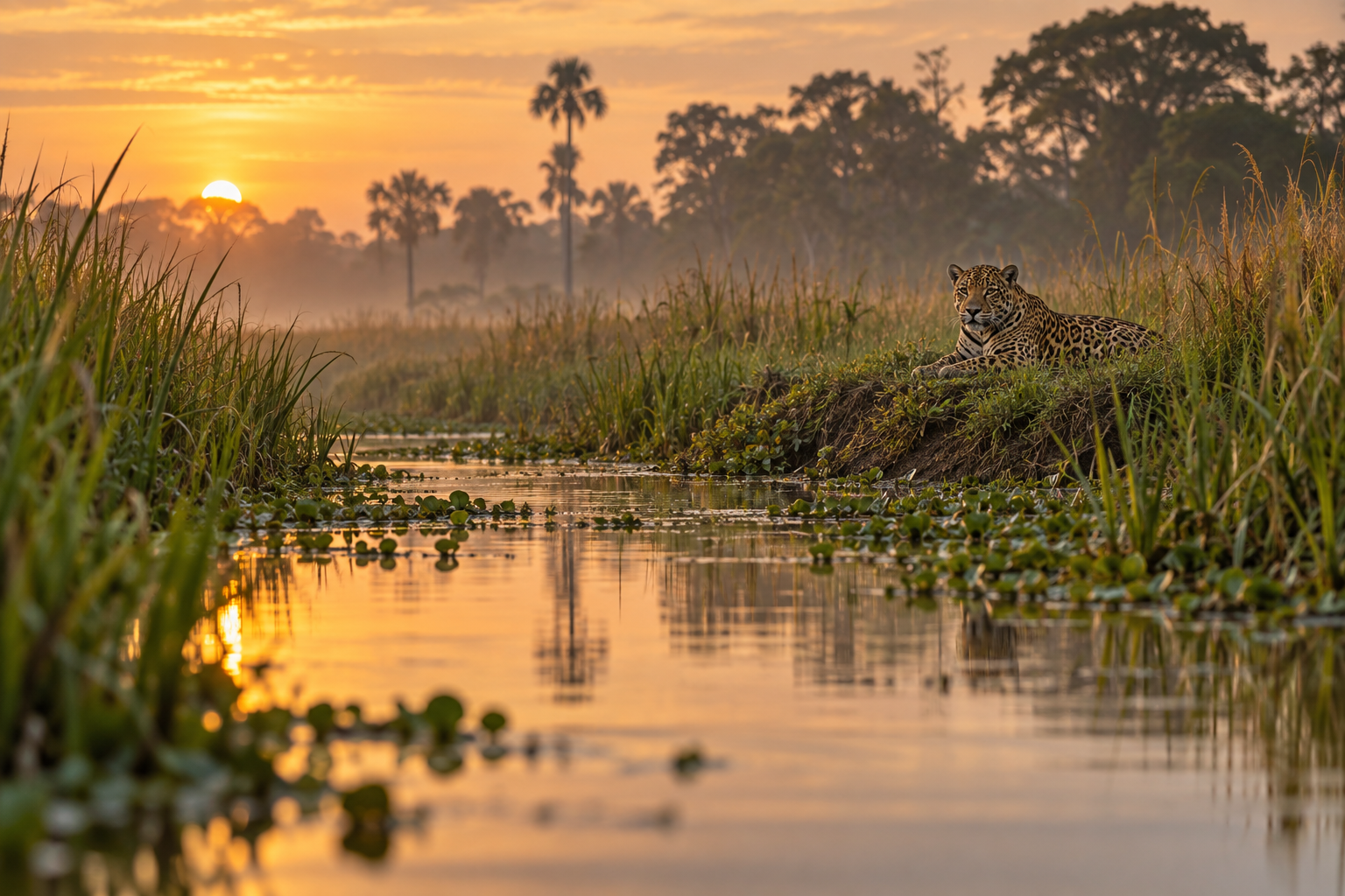 Reflective wetland channel and golden grass in Brazil's Pantanal