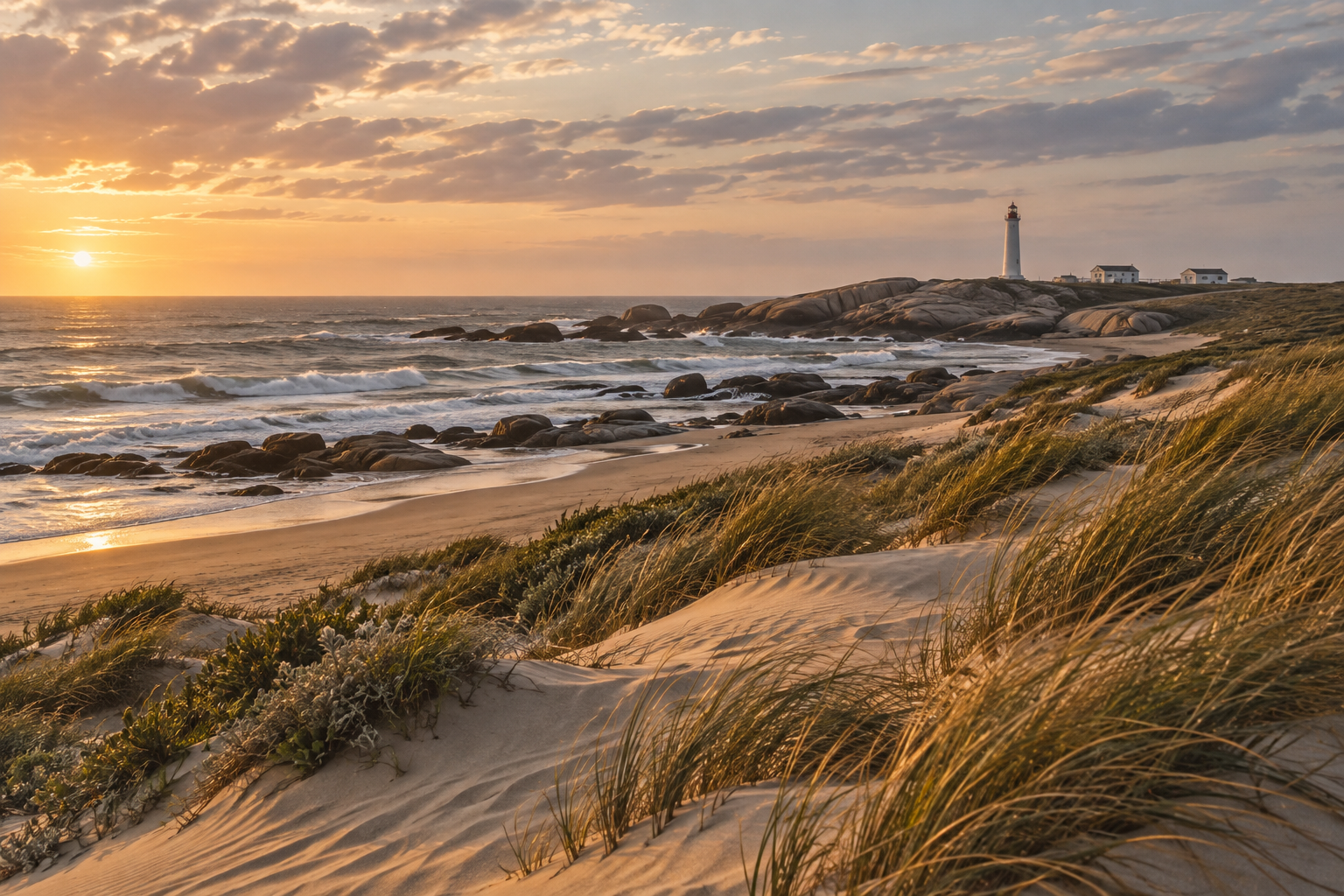 Windswept Atlantic dunes and a lighthouse near Cabo Polonio in Uruguay