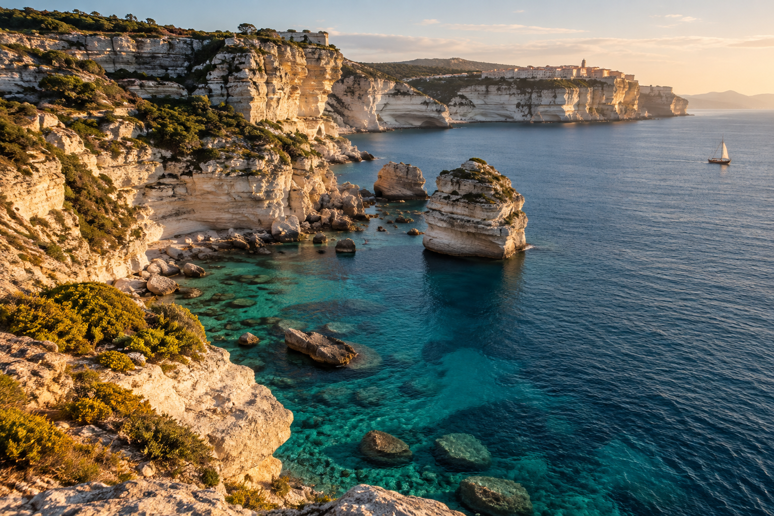 Granite coast and clear Mediterranean cove near Bonifacio in Corsica
