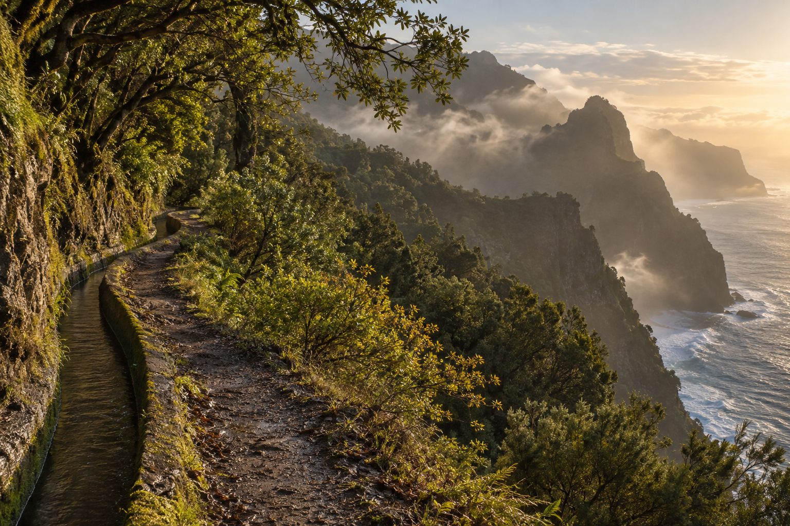 Levada path through misty laurel forest above Madeira's Atlantic coast
