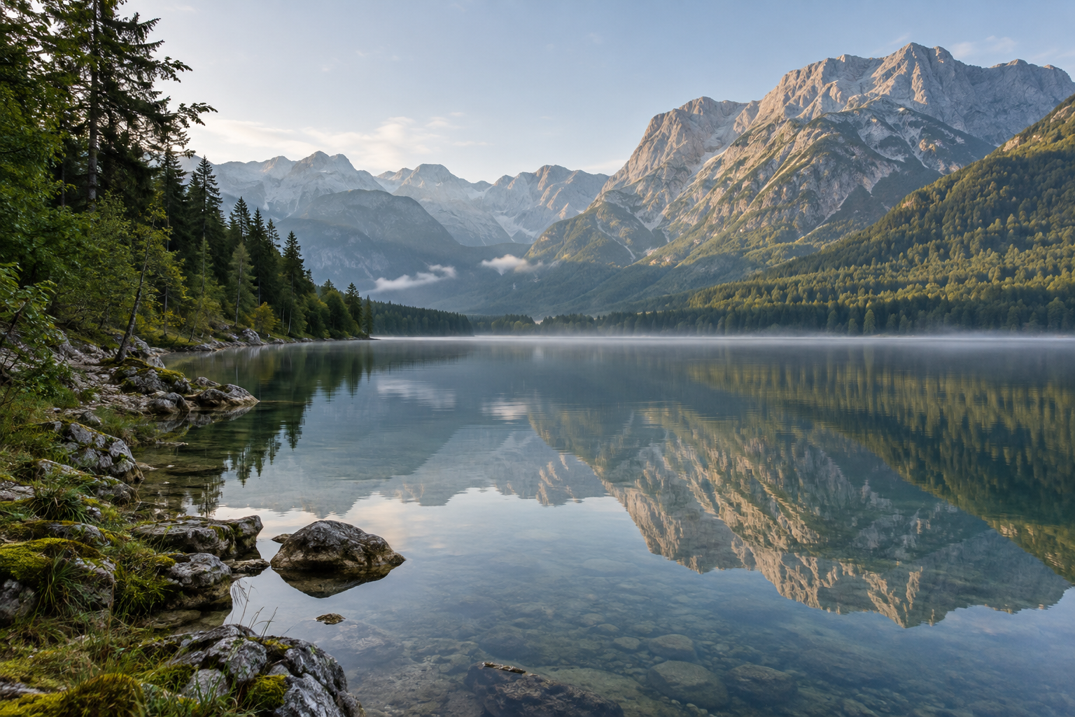 Quiet Lake Bohinj beneath the Julian Alps in Slovenia
