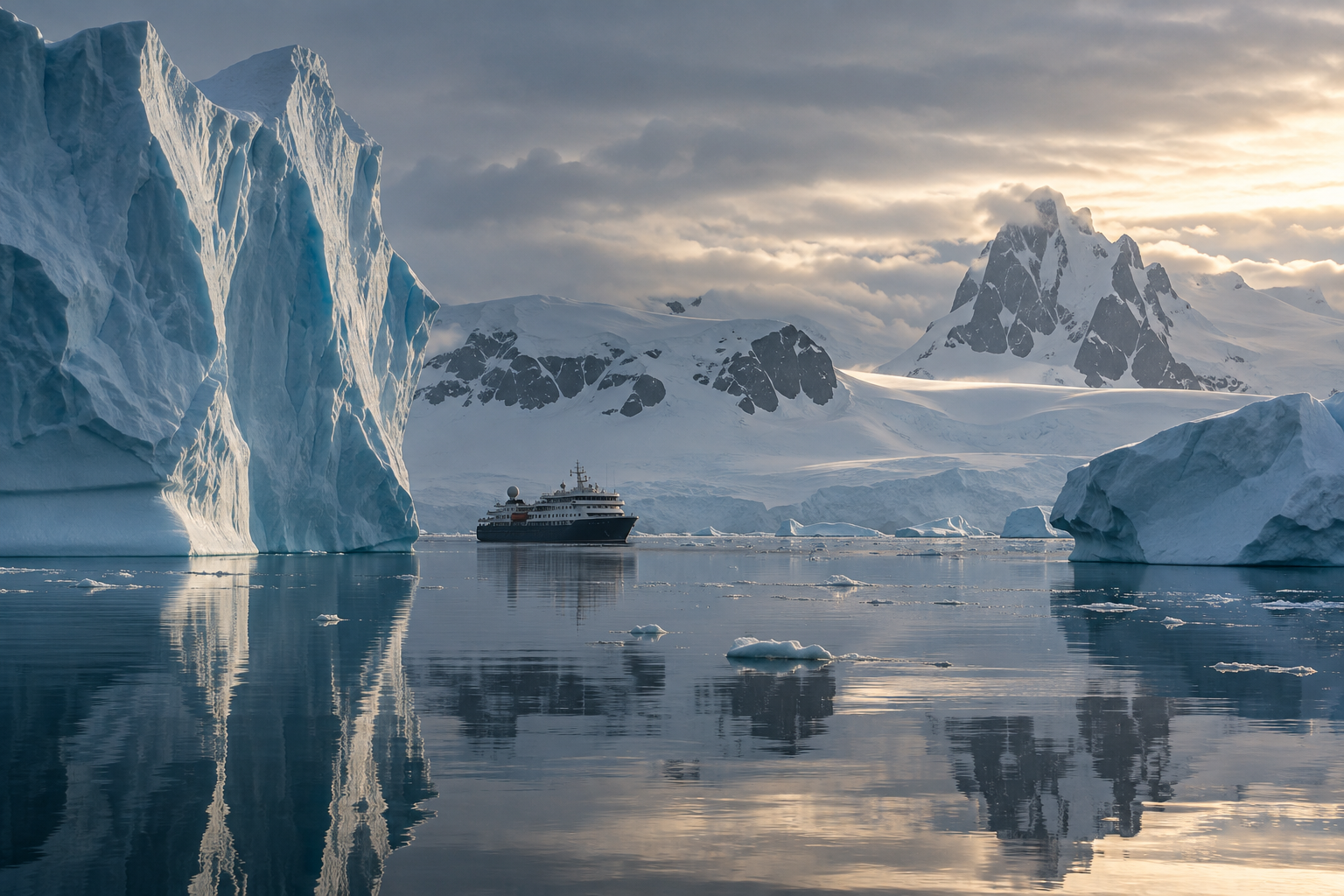 Expedition vessel beneath blue icebergs in the Antarctic Peninsula