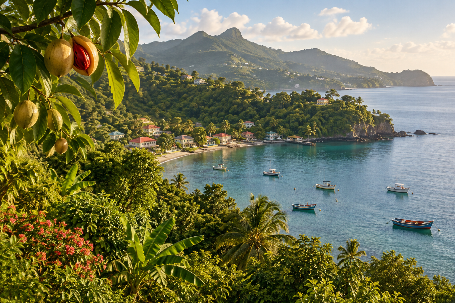 Lush Grenada hillside above a calm Caribbean cove with fishing boats