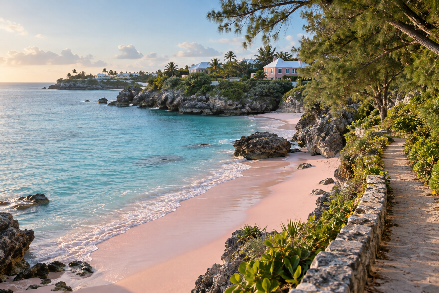 Quiet pink-sand beach and turquoise water along Bermuda's coast