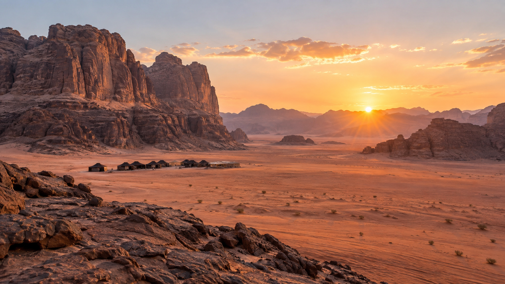 Rose-gold sandstone cliffs and a quiet desert camp in Wadi Rum at sunrise