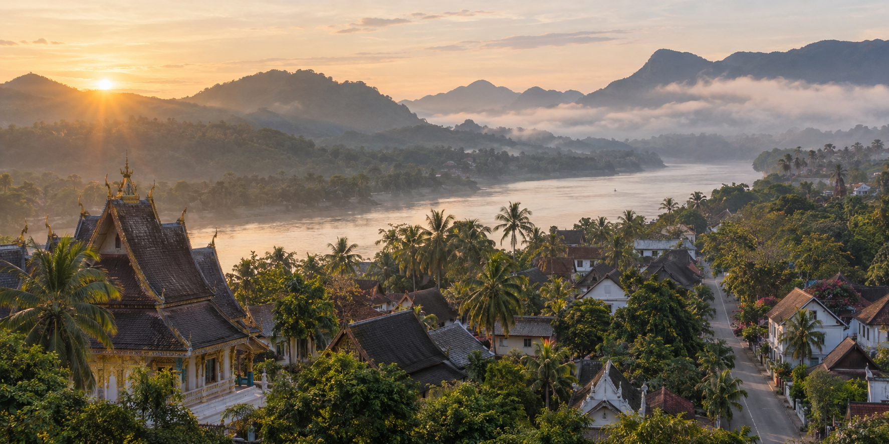 Luang Prabang temple roofs and the Mekong beneath misty green hills at sunrise