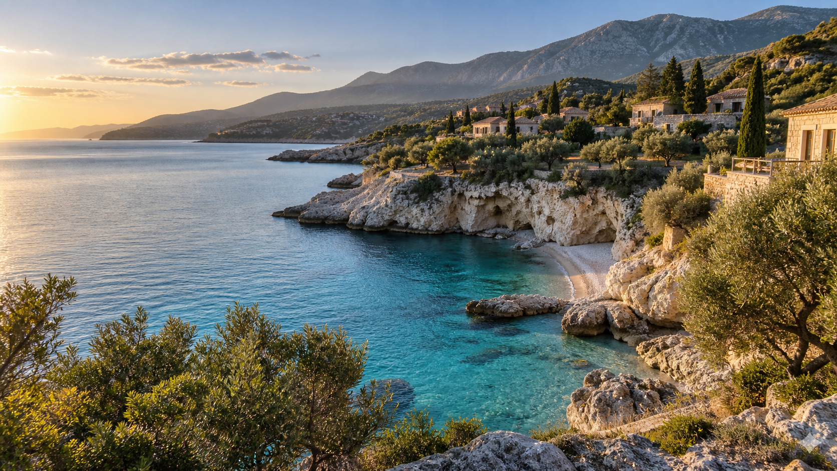 Limestone coves, olive trees, and clear Ionian water along Albania's southern coast