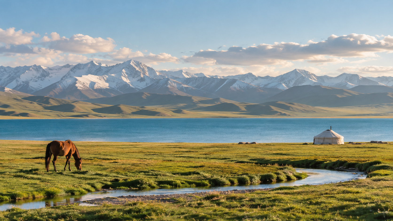 Turquoise alpine lake, yurt, and snow-streaked Tien Shan mountains in Kyrgyzstan