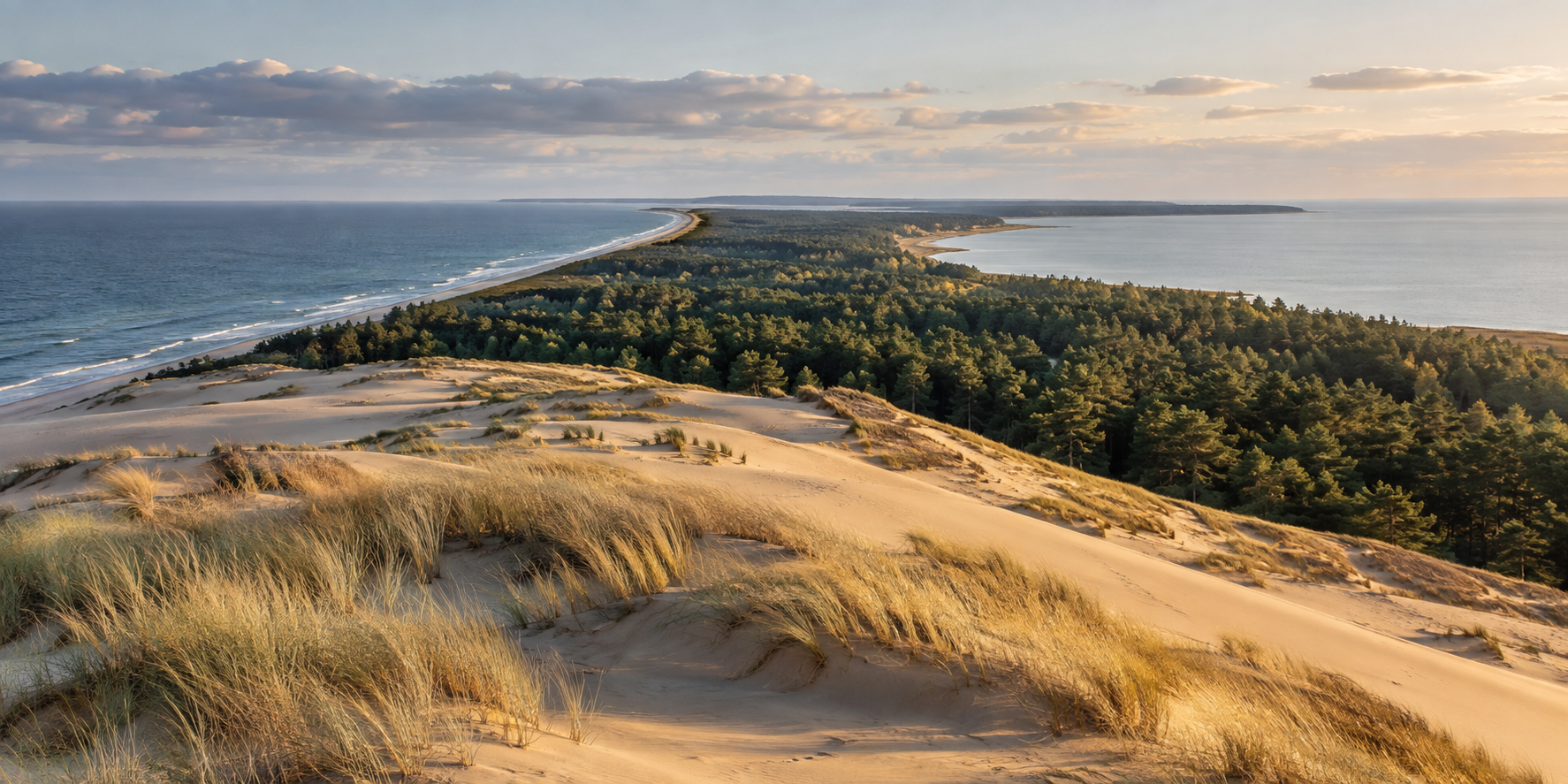Amber dunes and pine forest along Lithuania's Curonian Spit beneath northern light