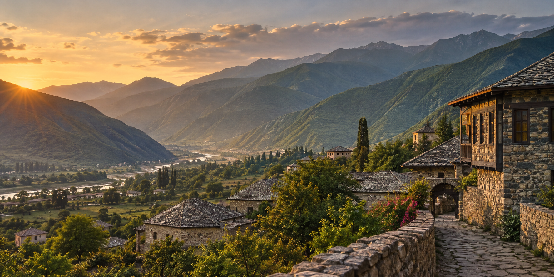 Stone village architecture and green Caucasus foothills near Sheki in Azerbaijan