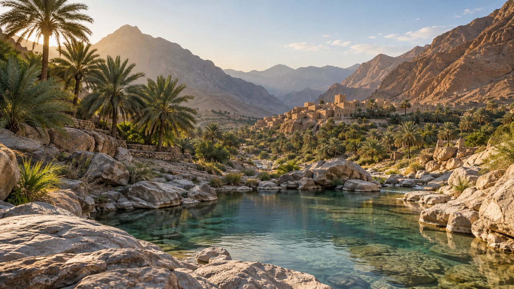 Clear wadi pool beneath date palms and rugged Hajar Mountains in Oman