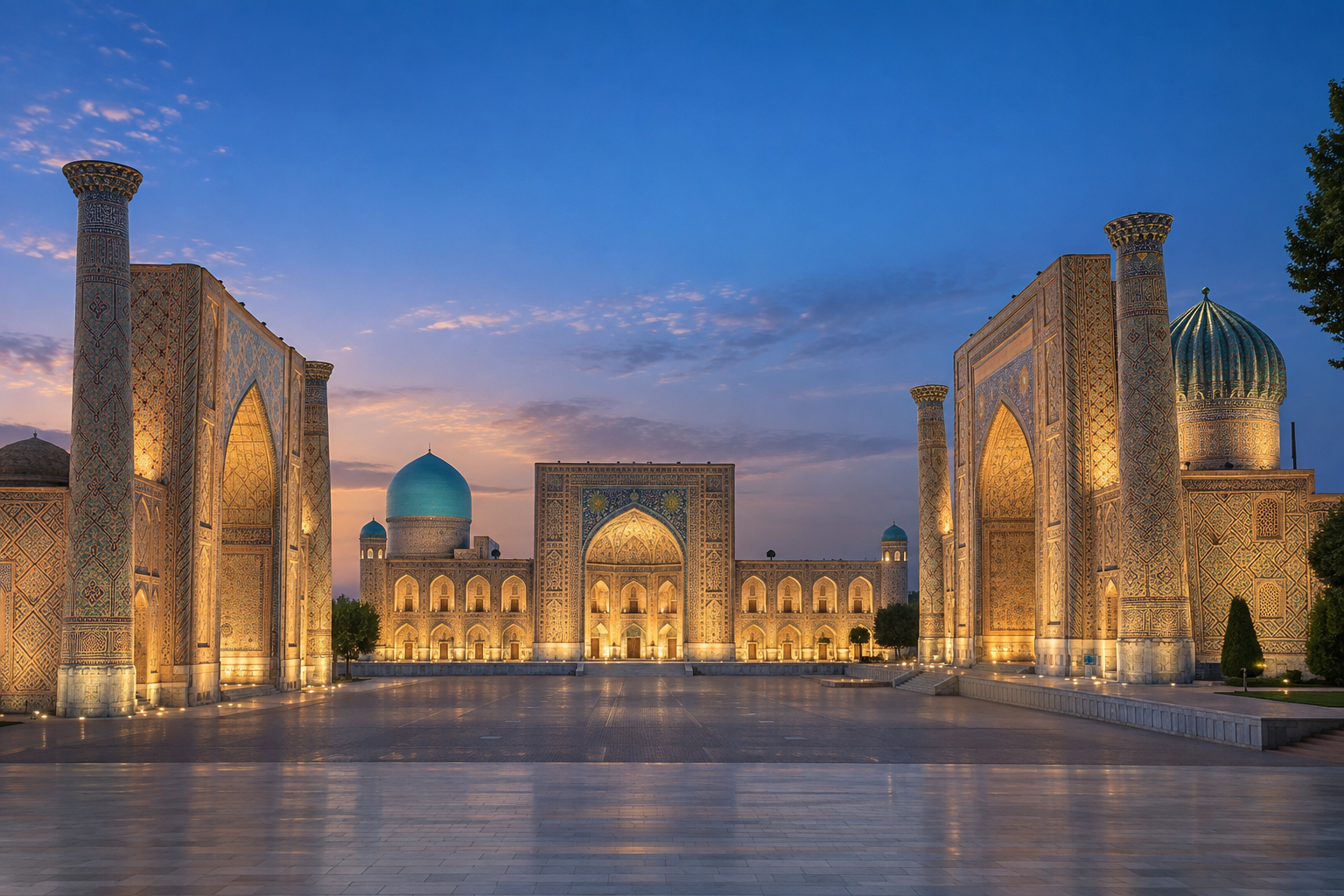 Illuminated blue-tiled madrasa architecture in Samarkand at blue hour