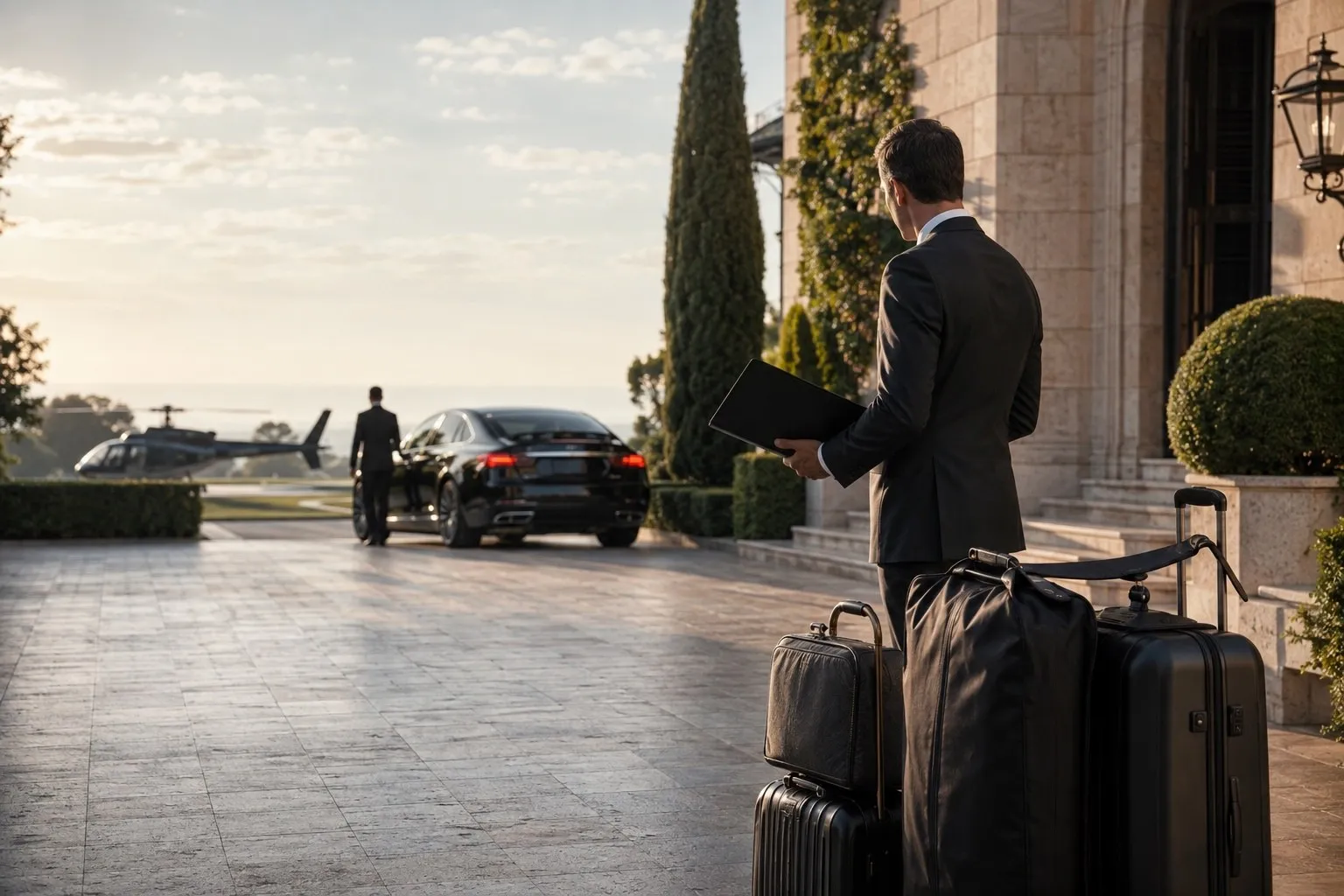 A principal with luggage at an estate portico as a chauffeur waits by a sedan and a helicopter stands on the lawn