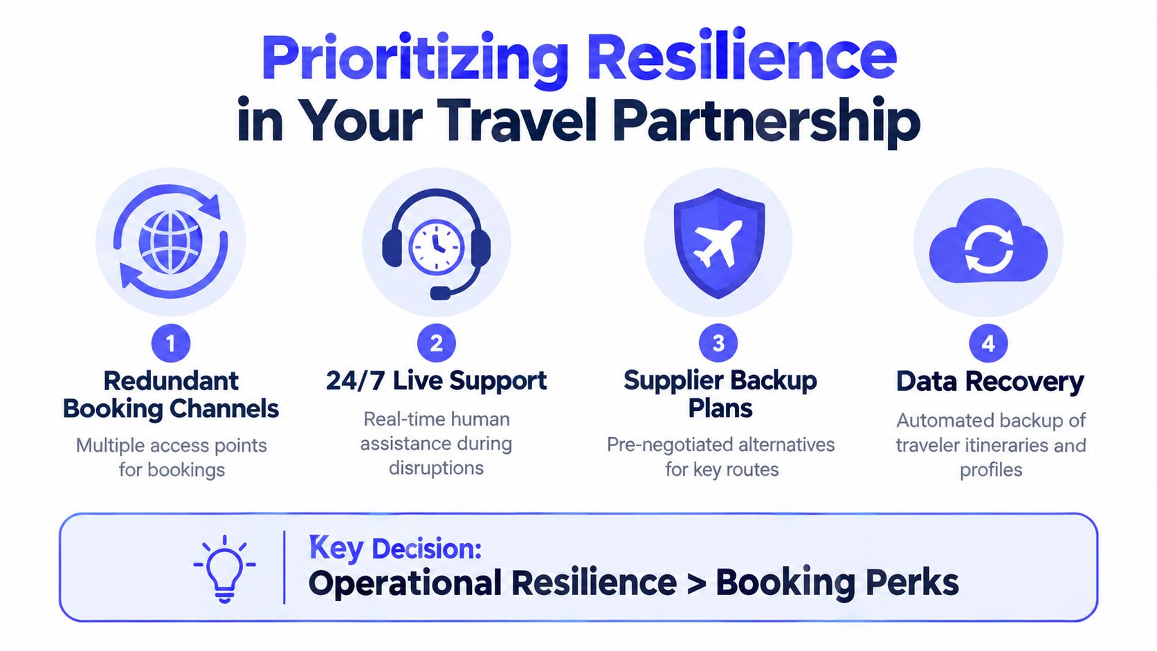 An infographic titled Prioritizing Resilience in Your Travel Partnership, highlighting four essential business travel support services.