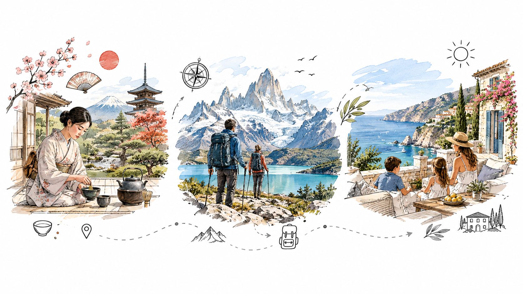 An illustrated journey showing a Japanese tea ceremony, hikers in mountain landscapes, and a family vacationing abroad.