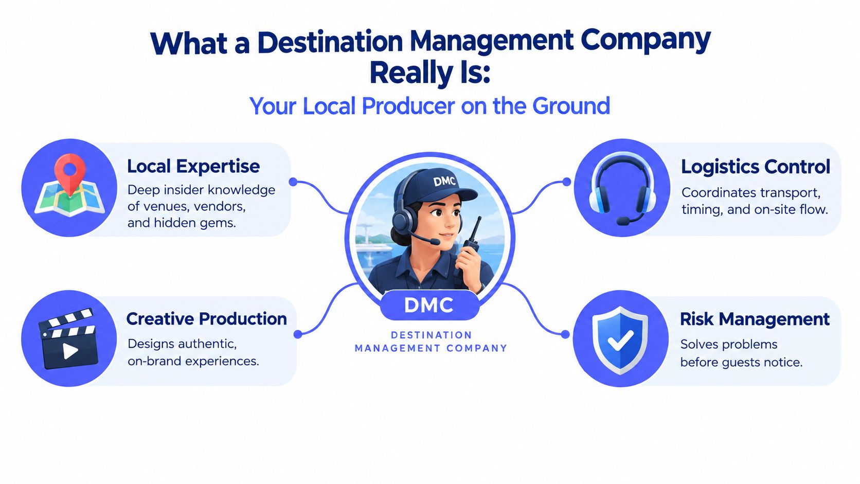 An infographic titled What a Destination Management Company Really Is, outlining four core services provided by DMCs.