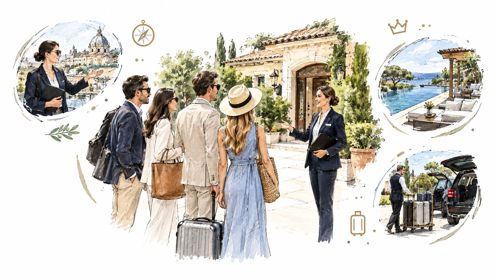 A professional concierge greeting guests at a luxury villa, featuring travel and accommodation service scenes.