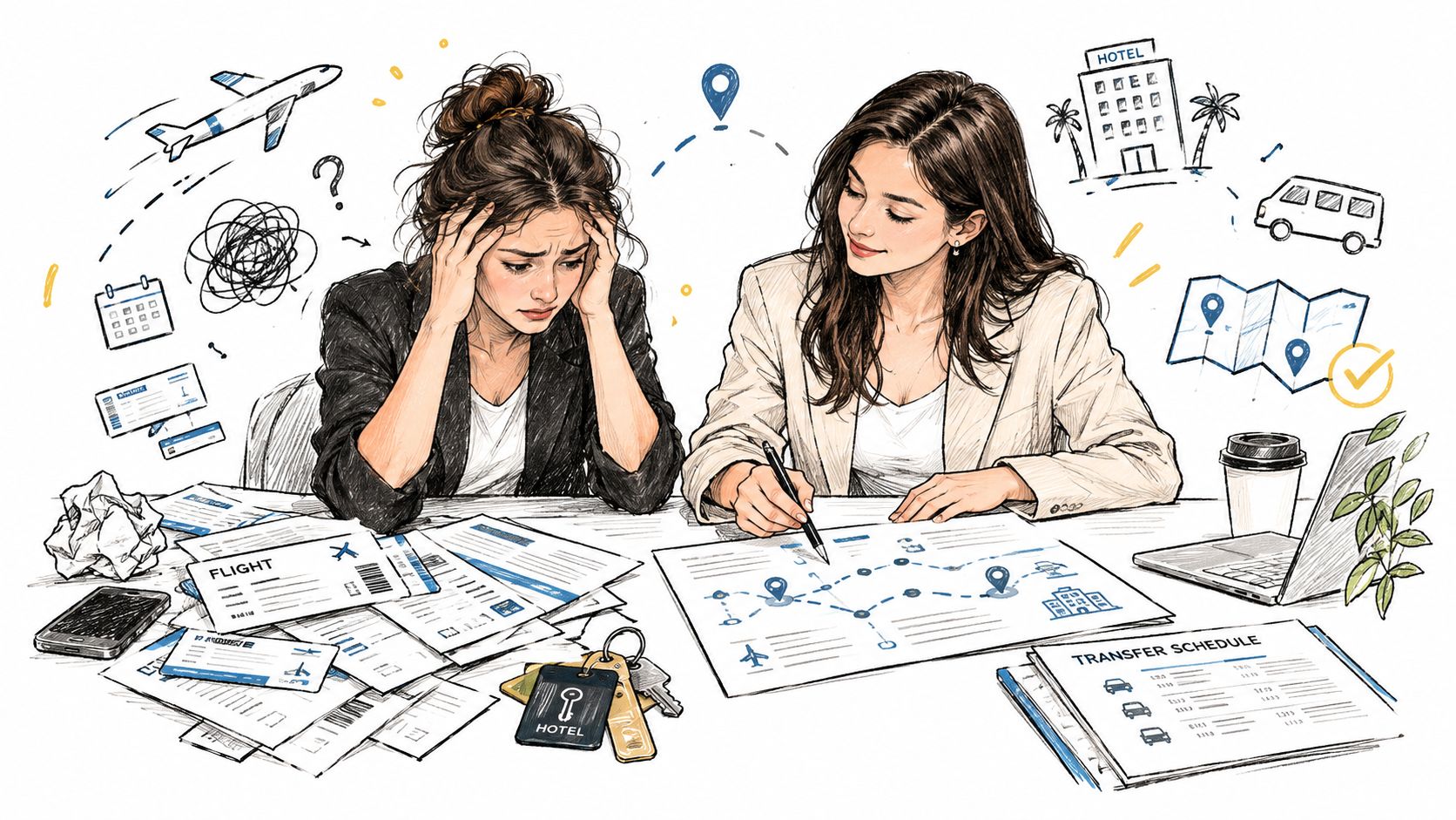 A professional and a stressed traveler collaborating on travel plans and itineraries at an organized desk.