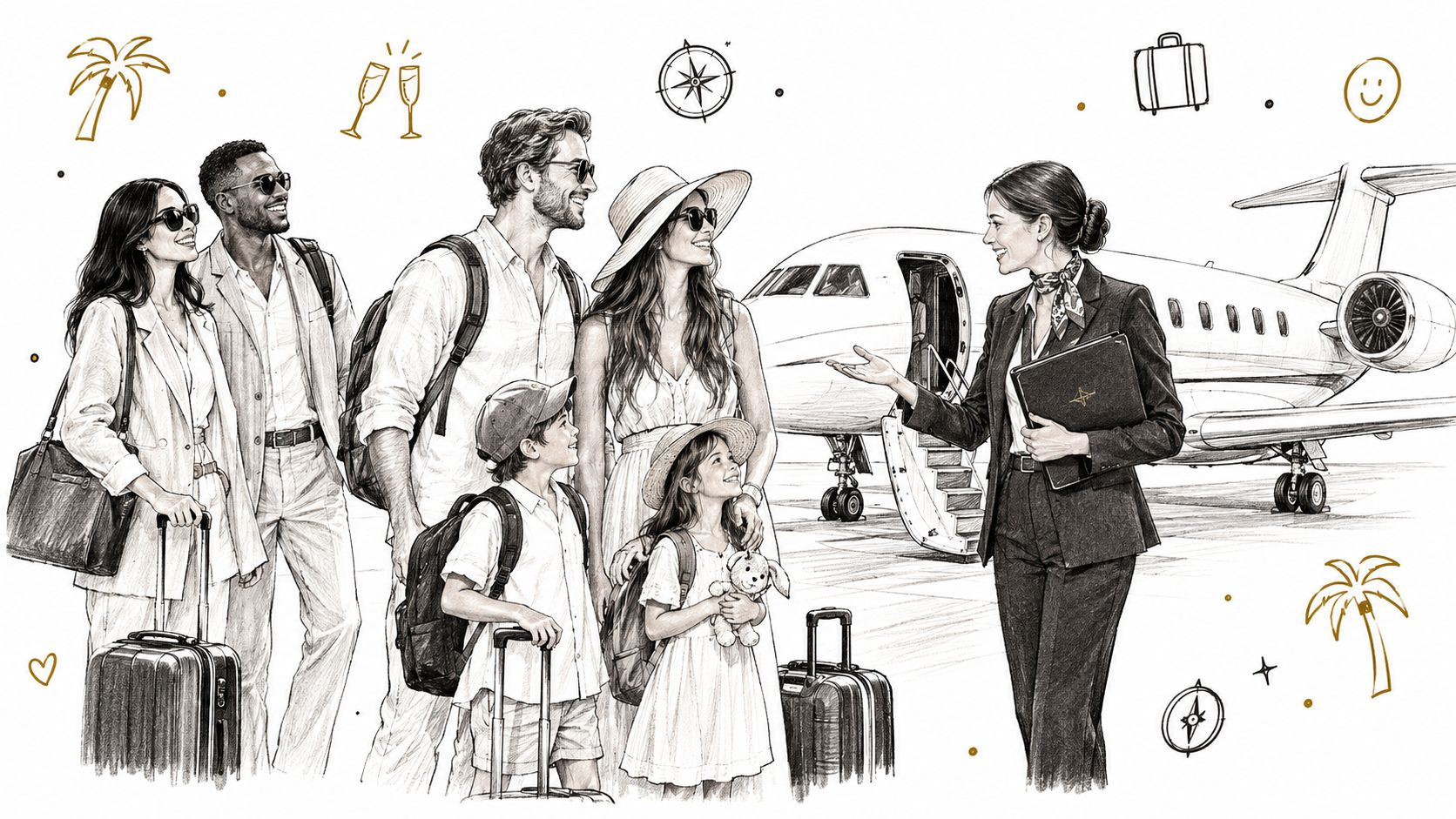 A luxury travel advisor guides a family and couple toward their private jet for a vacation.