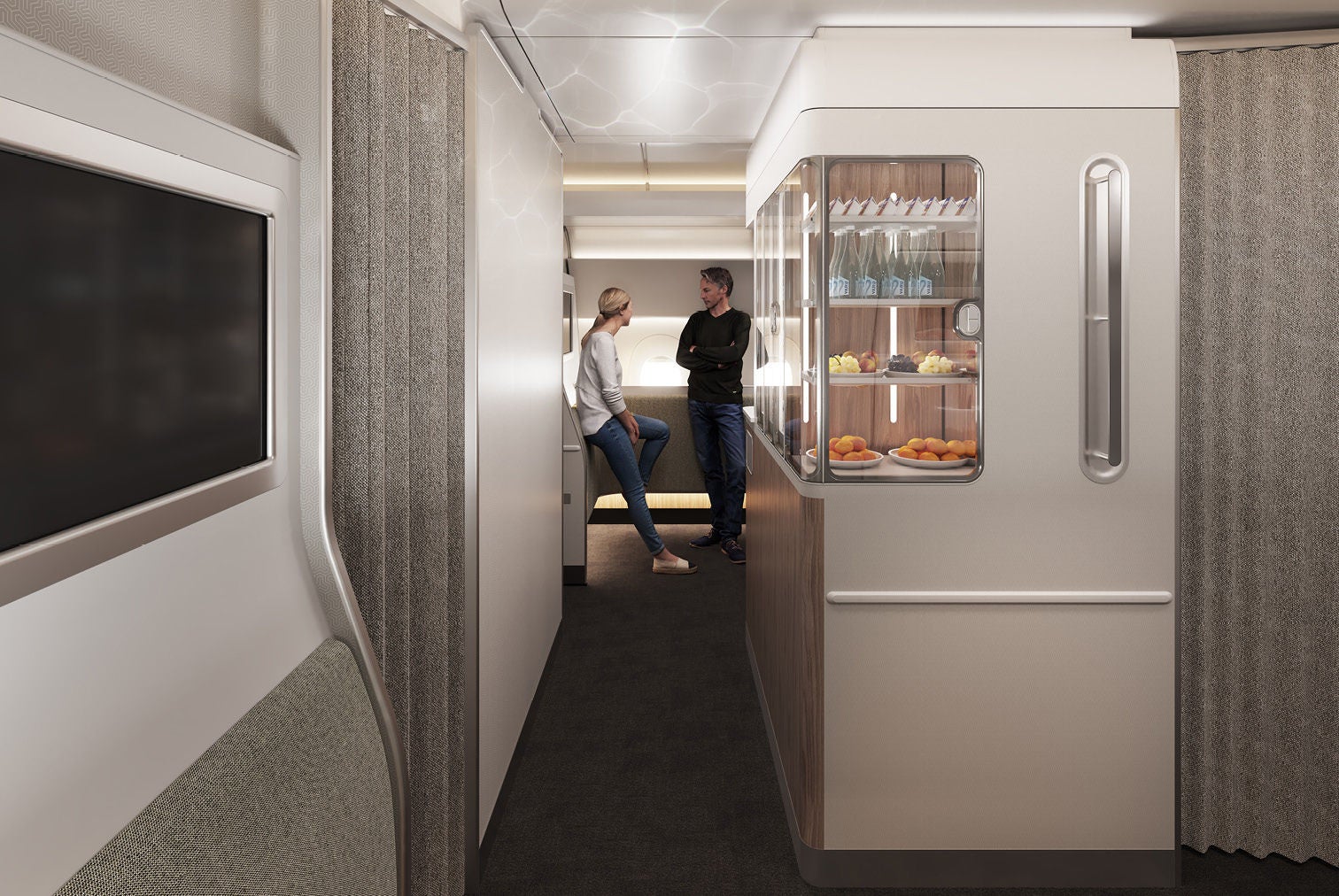 Qantas Project Sunrise A350 Wellbeing Zone designed for movement, stretching and hydration.