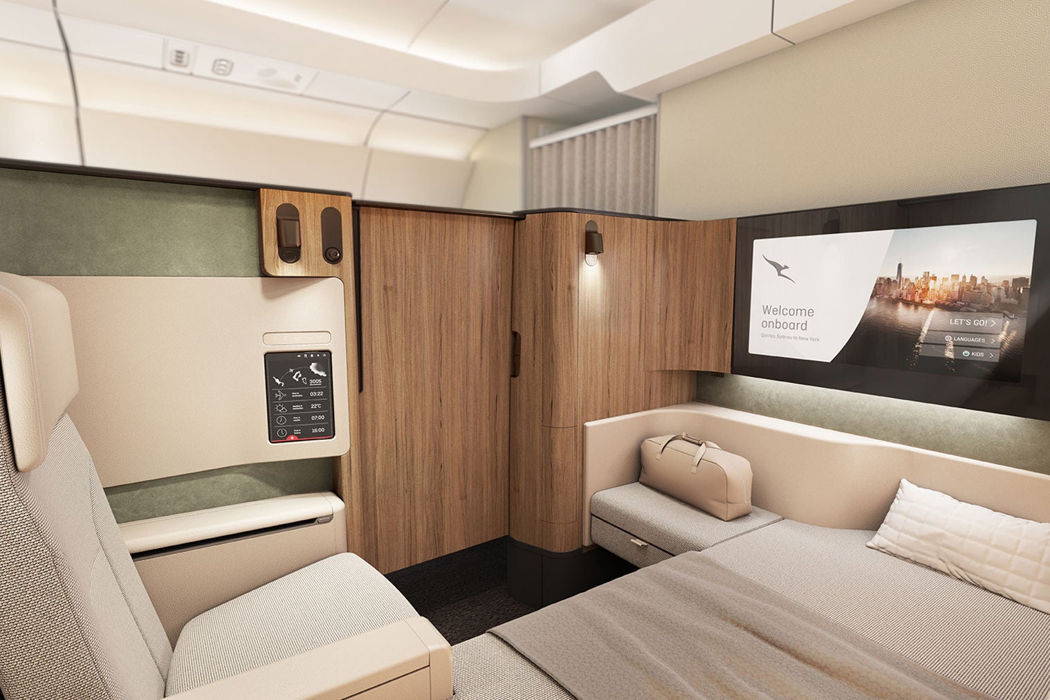 Qantas Project Sunrise A350 First Suite with a full-length bed and separate reclining armchair.