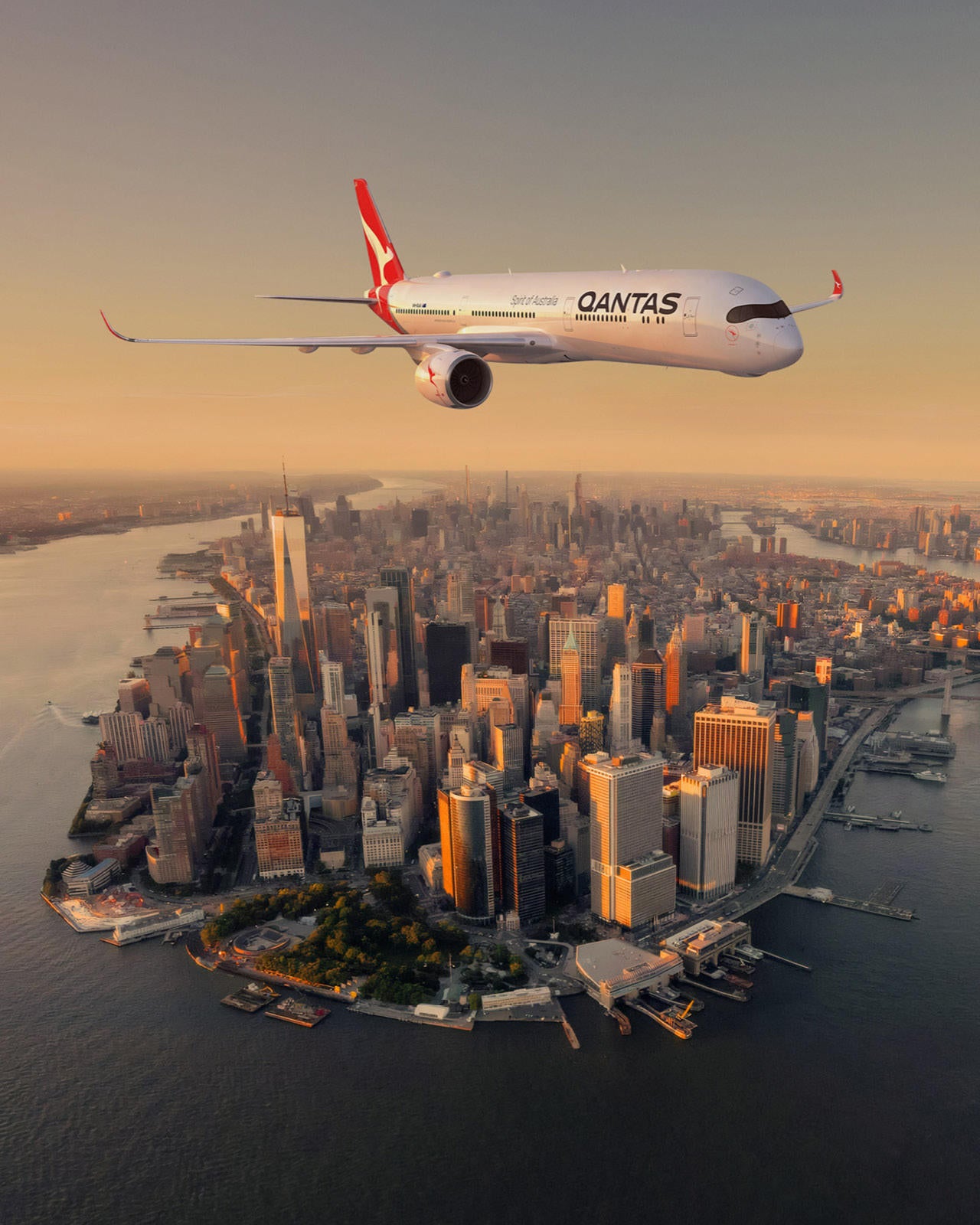 Qantas Airbus A350 flying over New York as part of Project Sunrise.