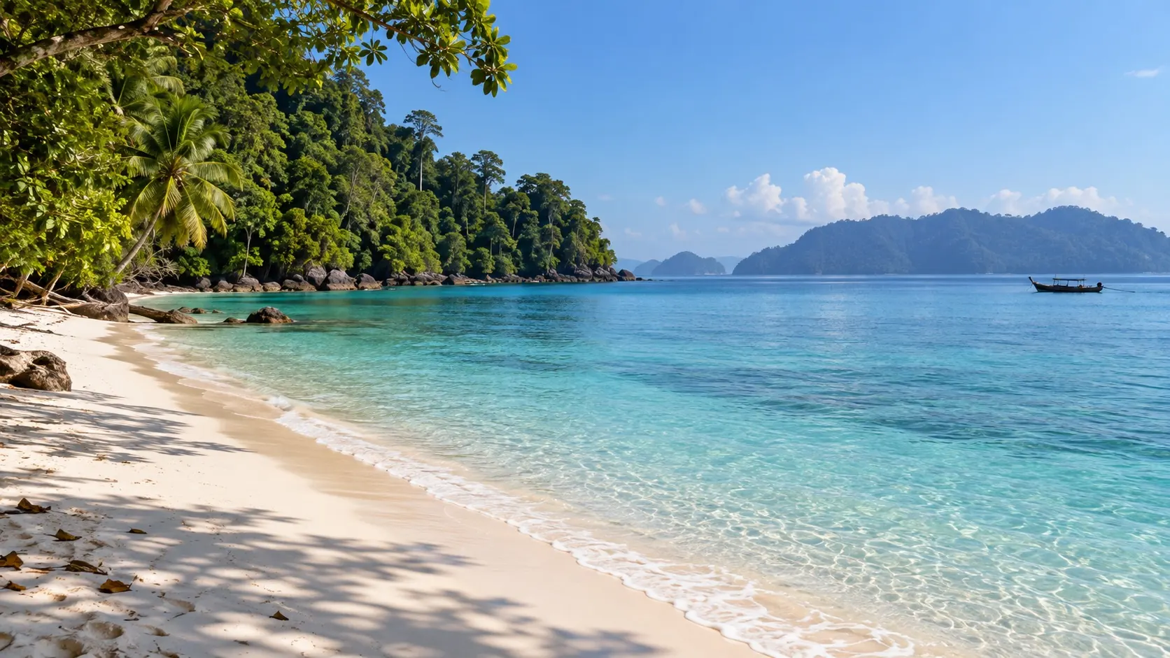 Quiet white sand beach and turquoise water framed by tropical forest in the Andaman Islands