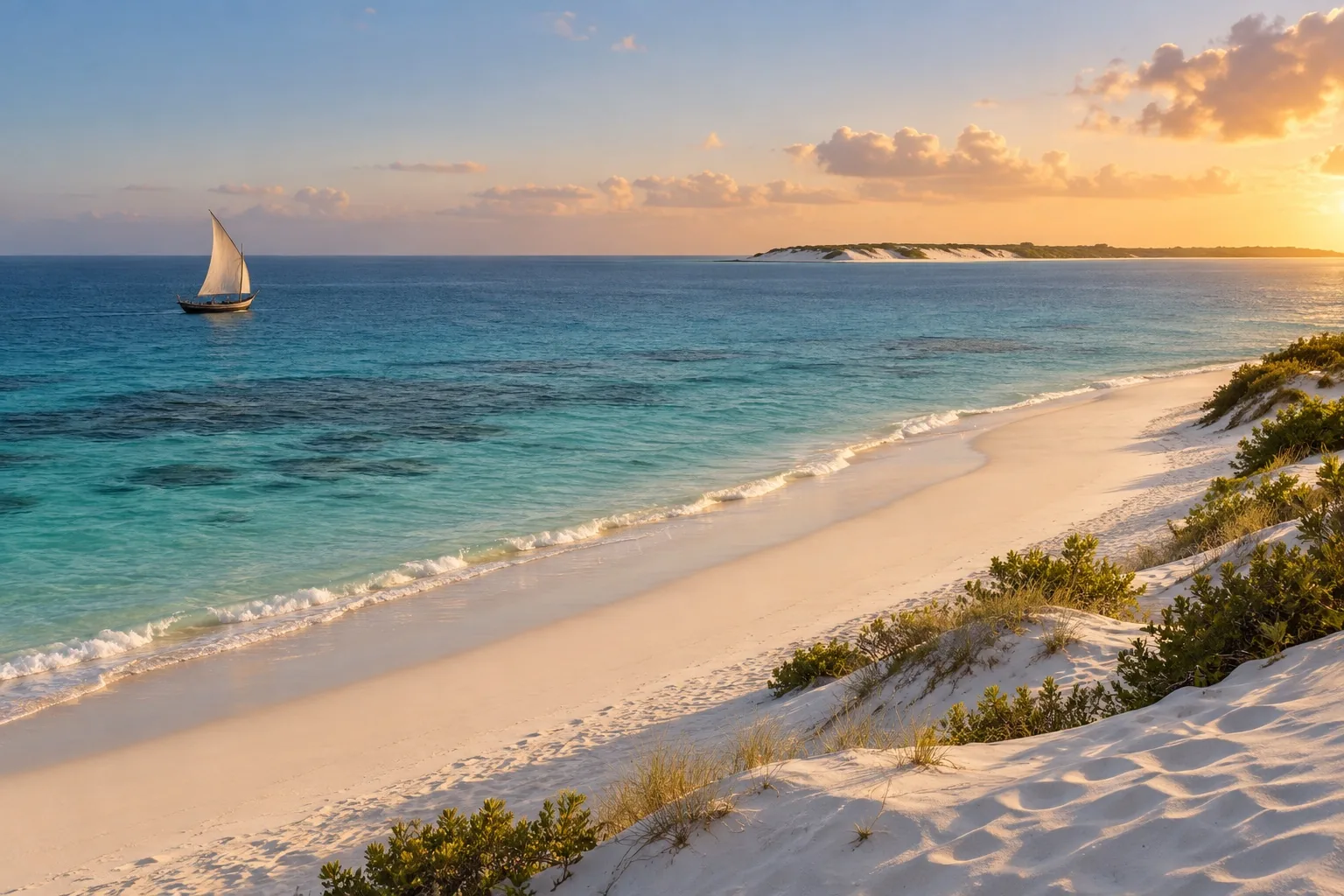 White beach, dunes, palms, and a dhow on Benguerra Island in Mozambique