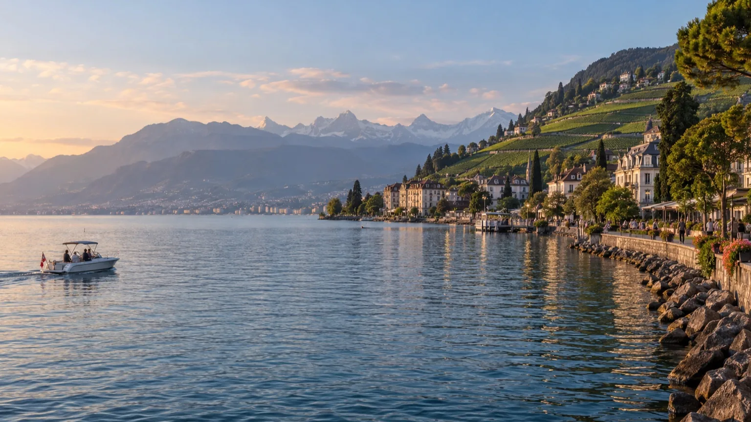 Lake Geneva promenade with vineyards and distant Alps in evening light