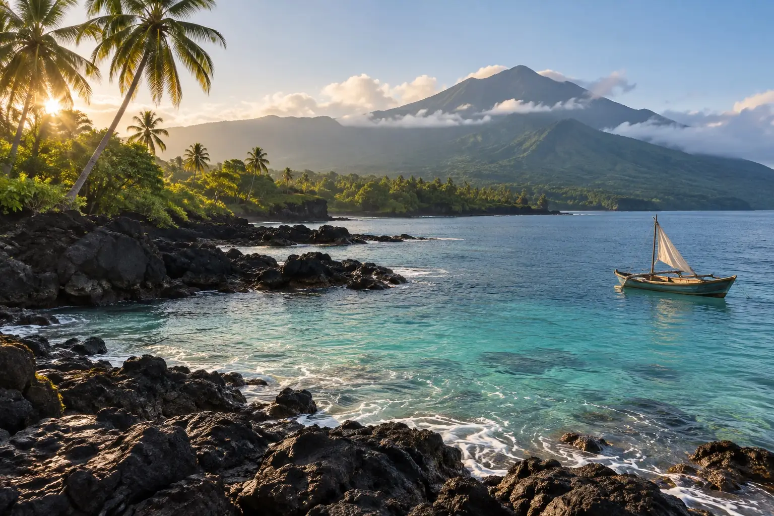Lush volcanic Comoros coastline with black rocks, palms, and a small fishing boat