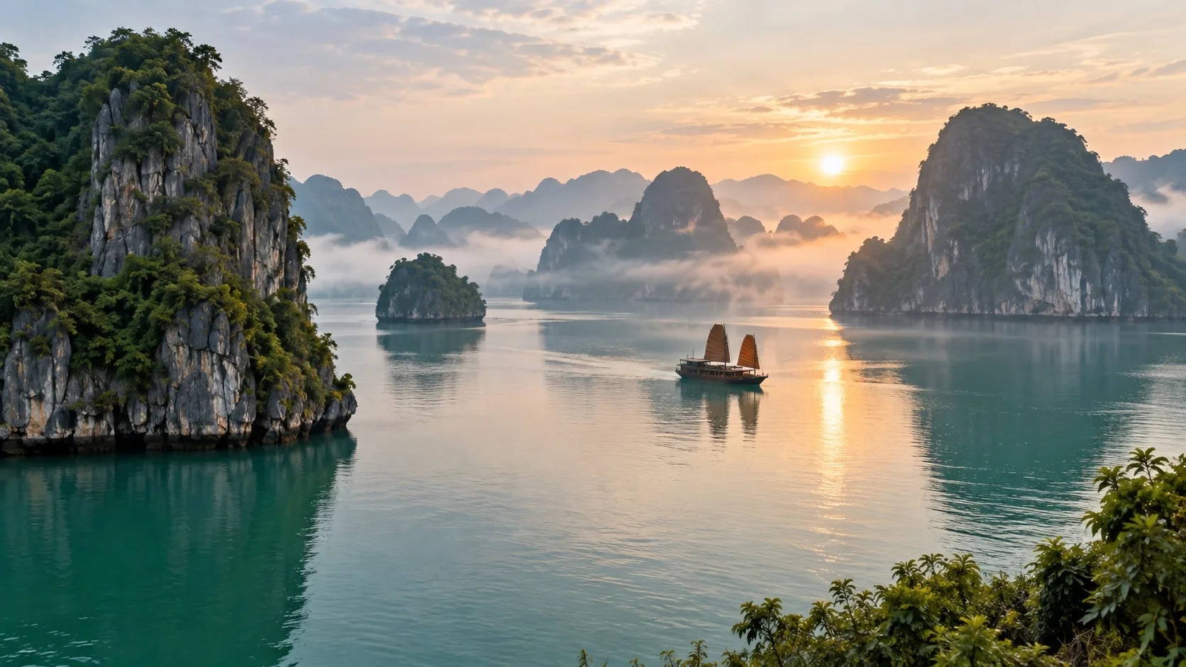 Limestone karst islands and a traditional boat on Ha Long Bay at sunrise