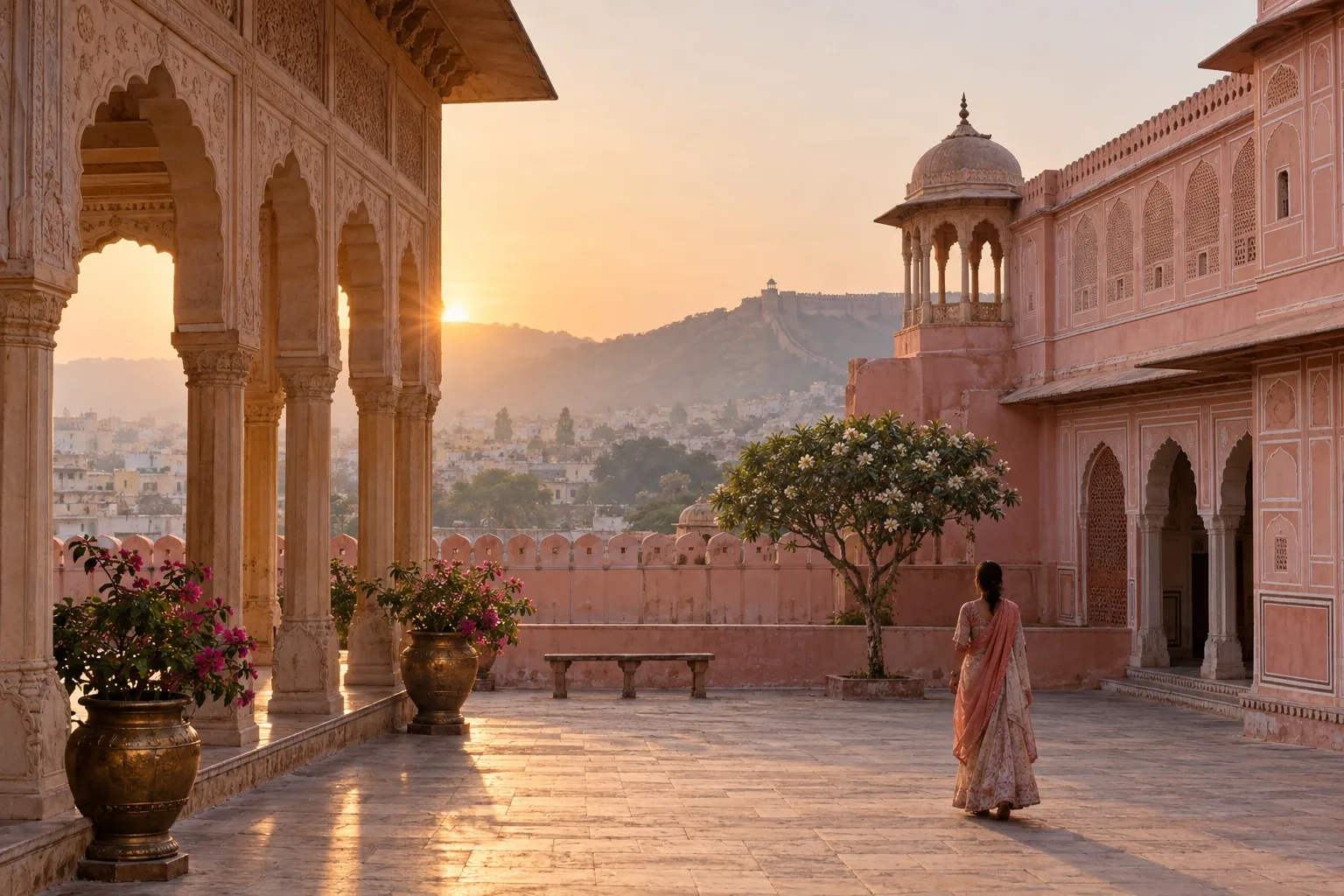 Jaipur palace courtyard glowing in warm morning light with Amber Fort beyond