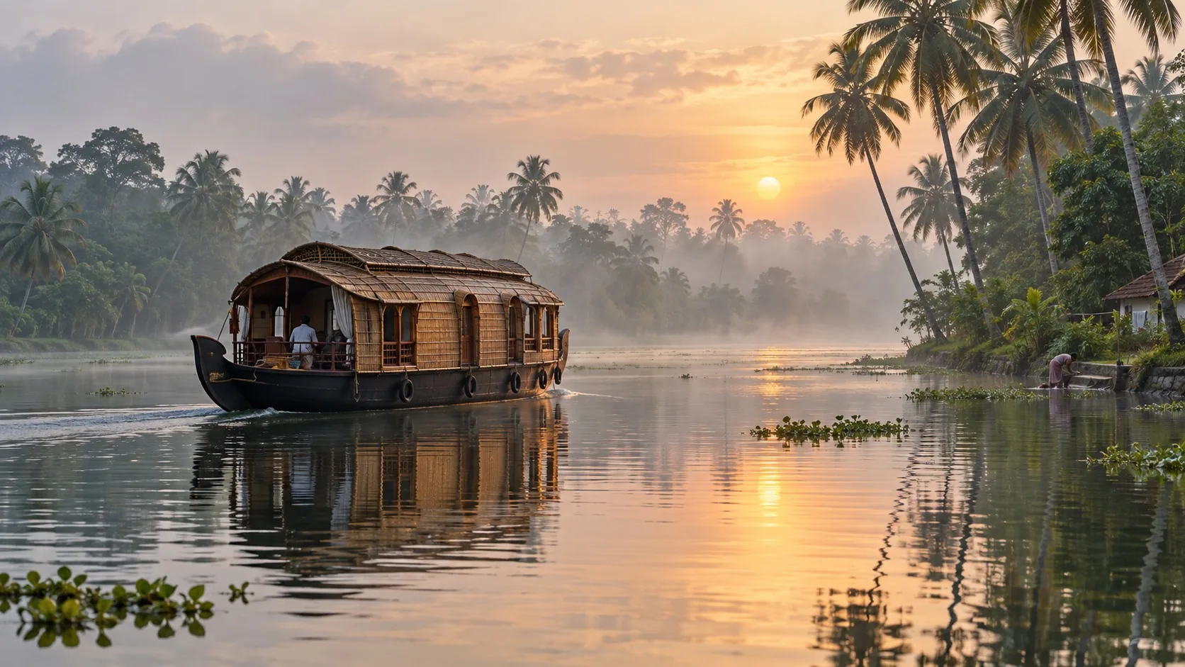 Traditional houseboat moving through Kerala backwaters at sunrise