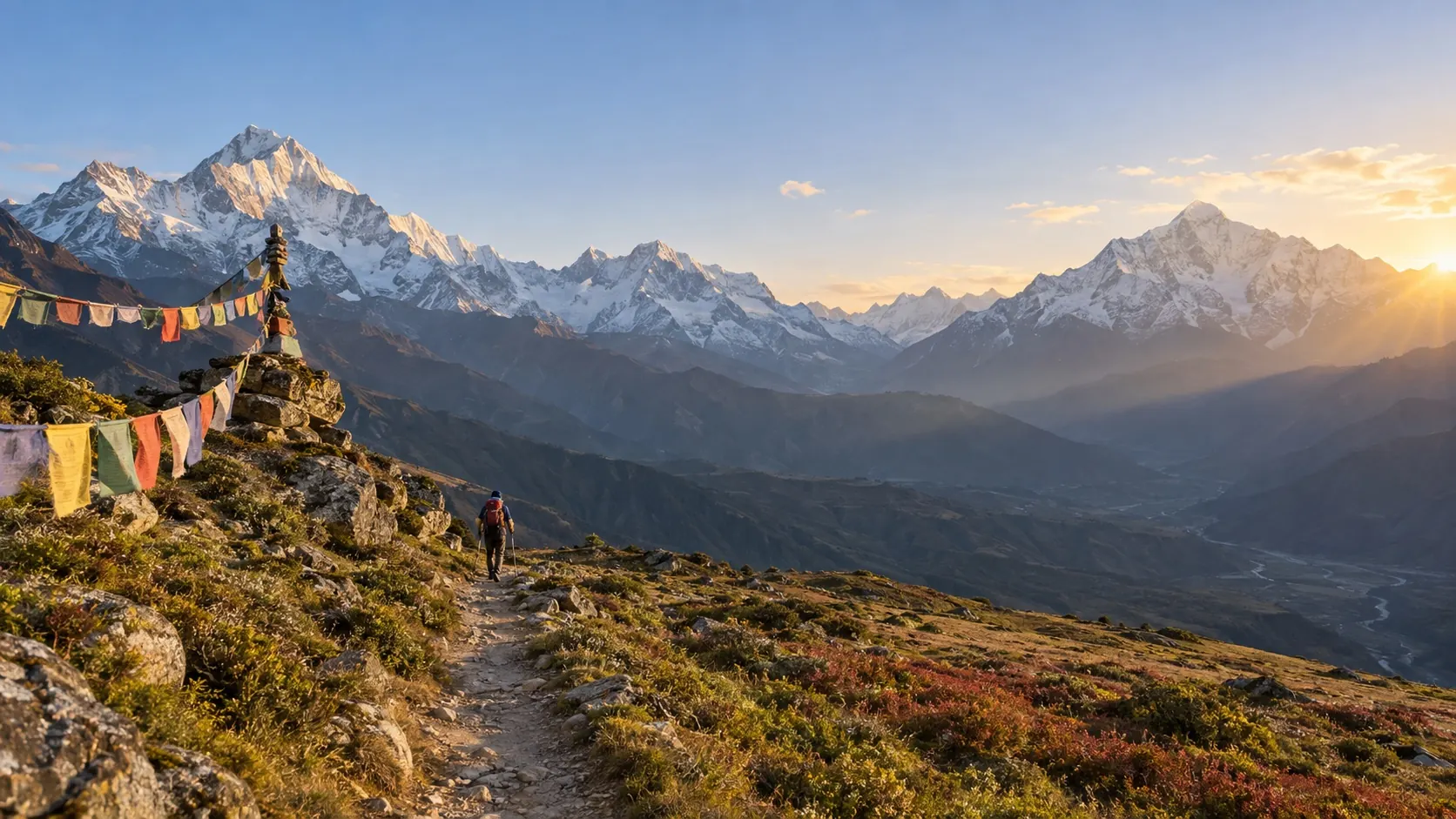 Himalayan trail with prayer flags and snow peaks in the Nepal Himalayas