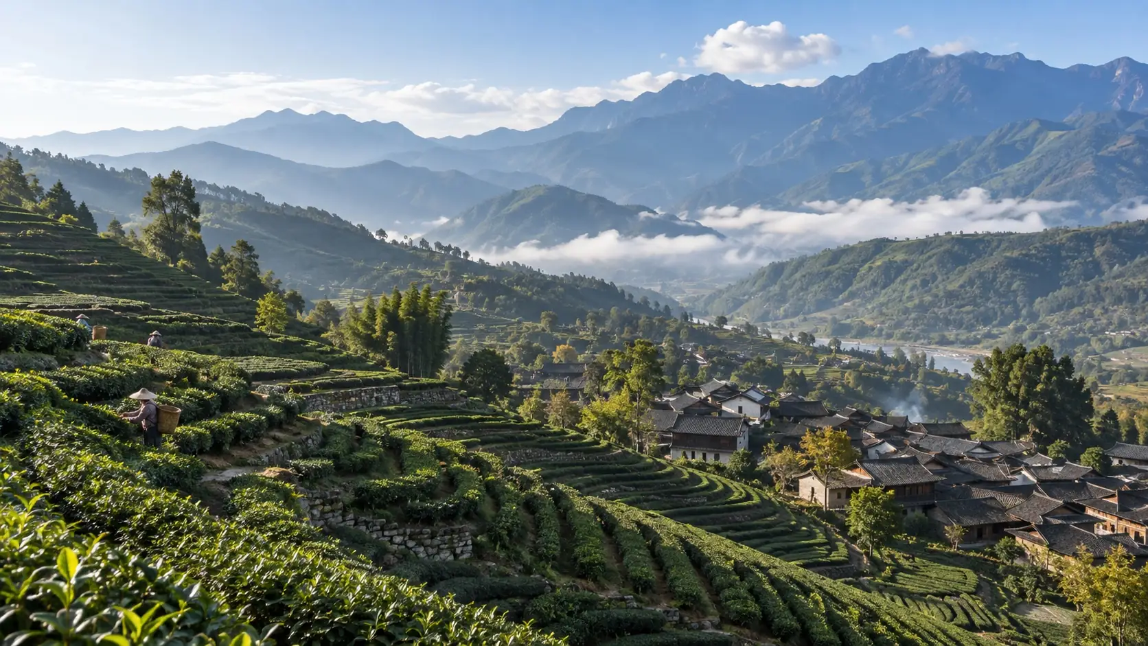 Terraced tea hills and a traditional village beneath the mountains of Yunnan