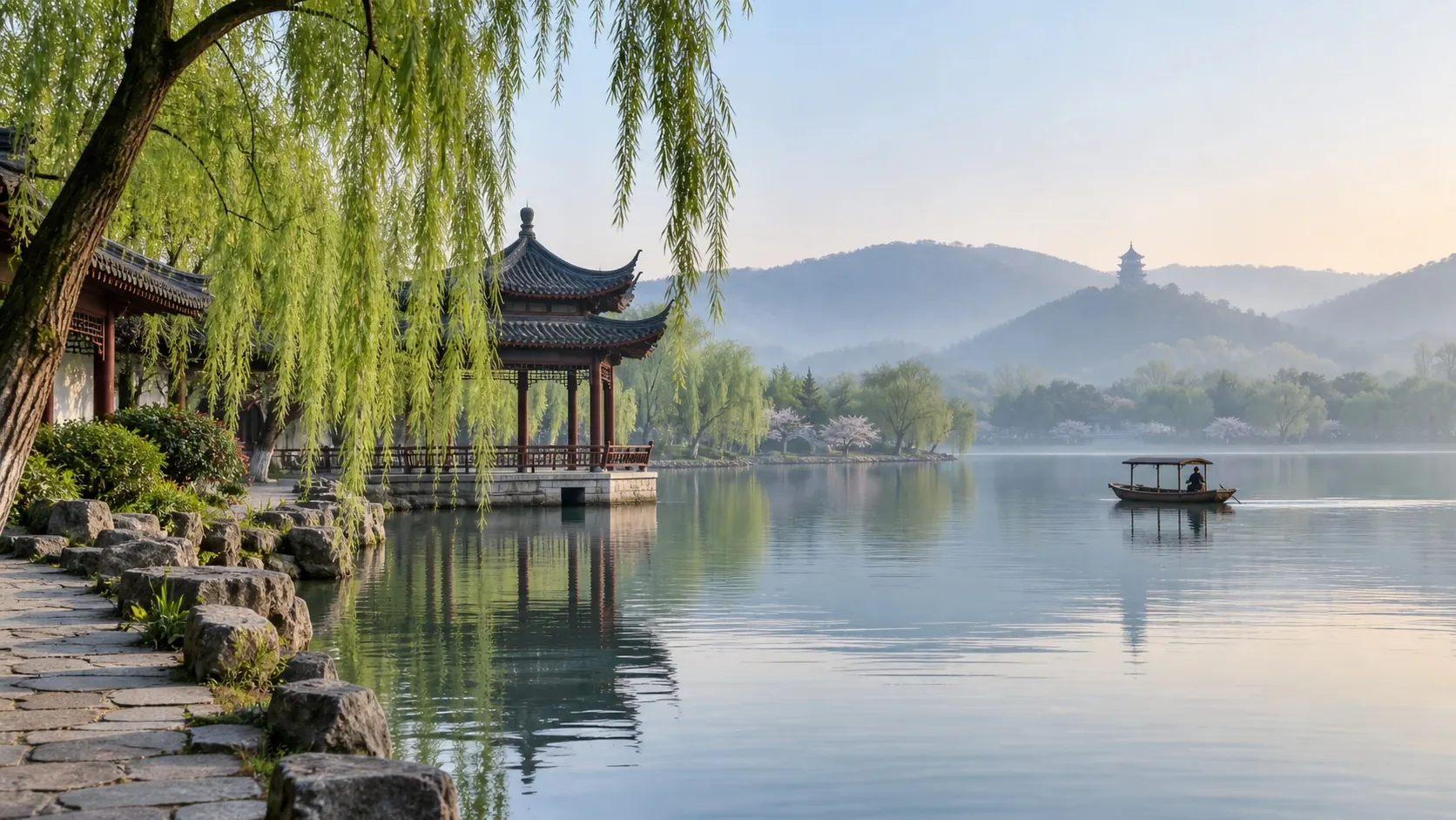 Willow-lined West Lake in Hangzhou with a traditional pavilion and distant hills