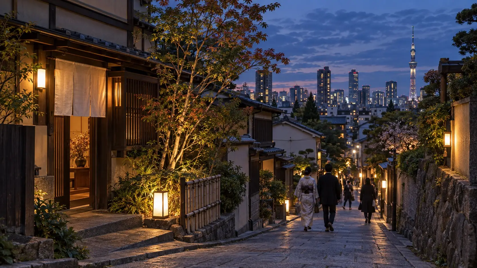 Tokyo streets and layered neighborhoods glowing in warm evening light