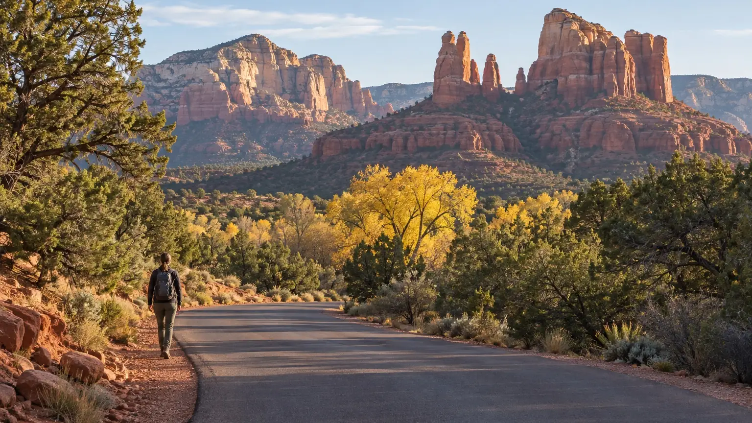 Sedona red-rock formations beyond a quiet road in clear high-desert light