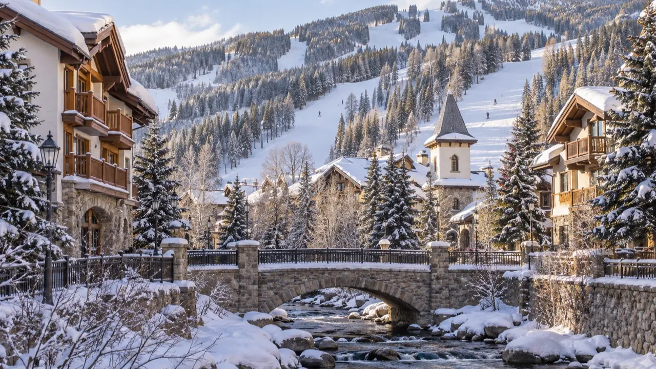 Vail alpine village and snowy slopes in clear winter light