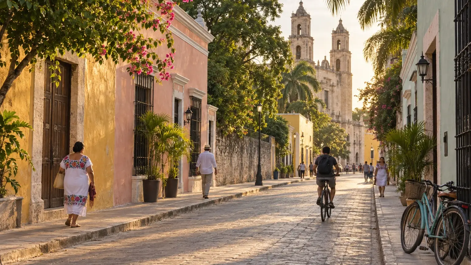 Mérida colonial street with pastel facades, tropical trees, and evening light