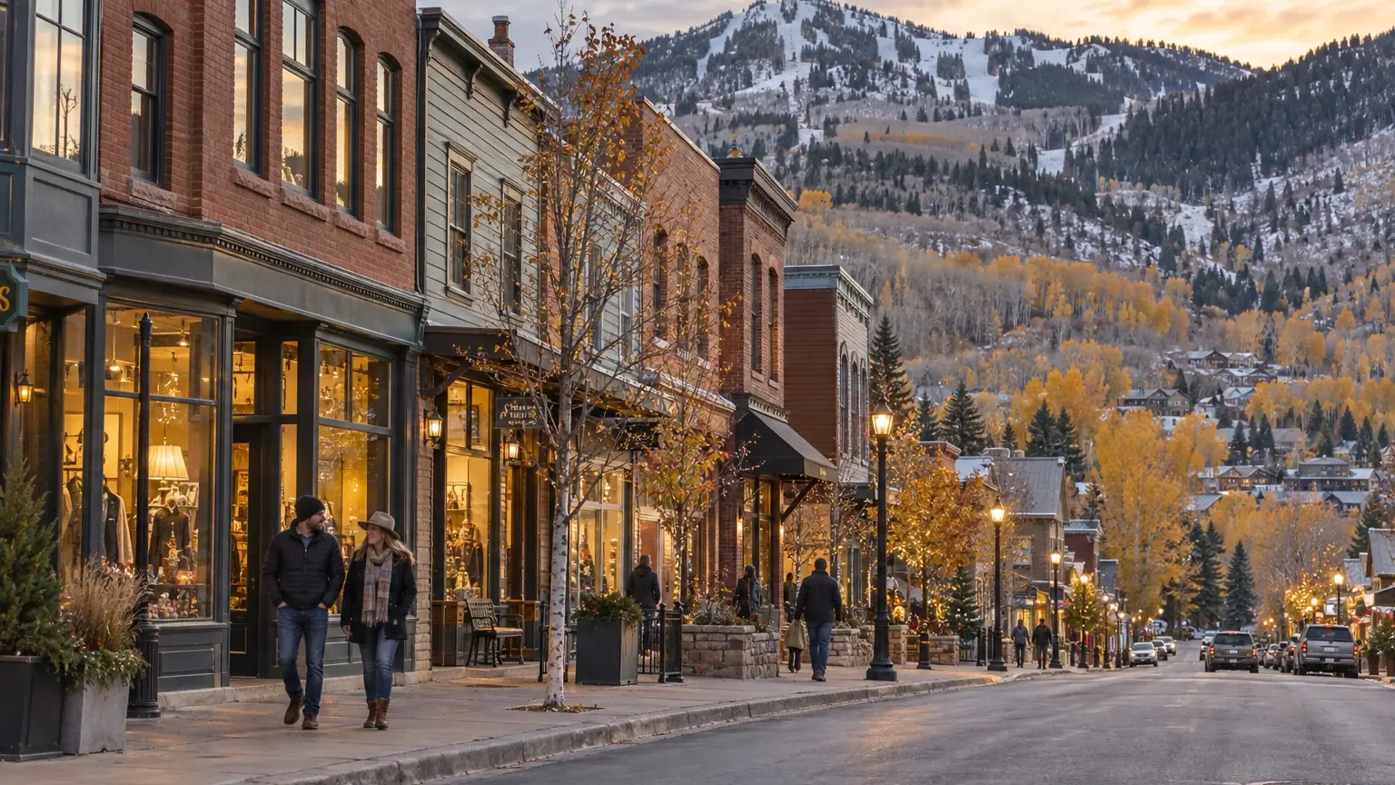 Park City historic Main Street beneath autumn mountains and ski slopes
