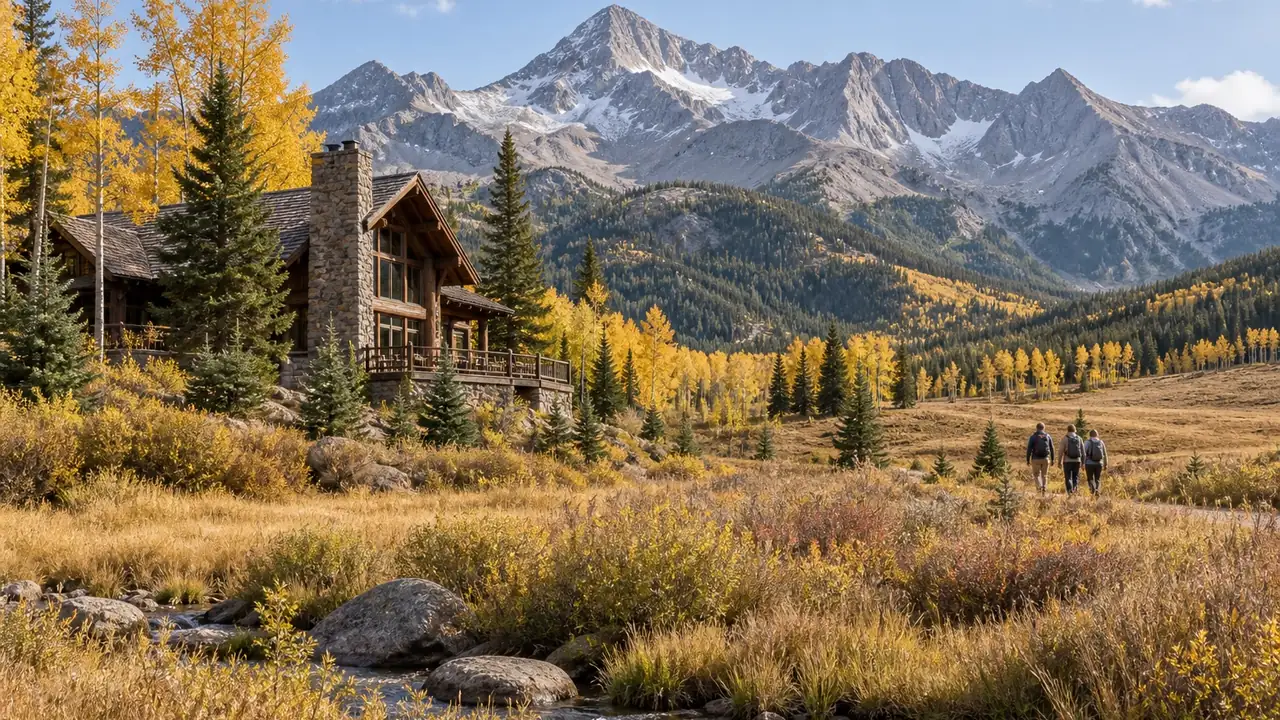 Big Sky mountain lodge and open meadow beneath rugged Montana peaks in autumn