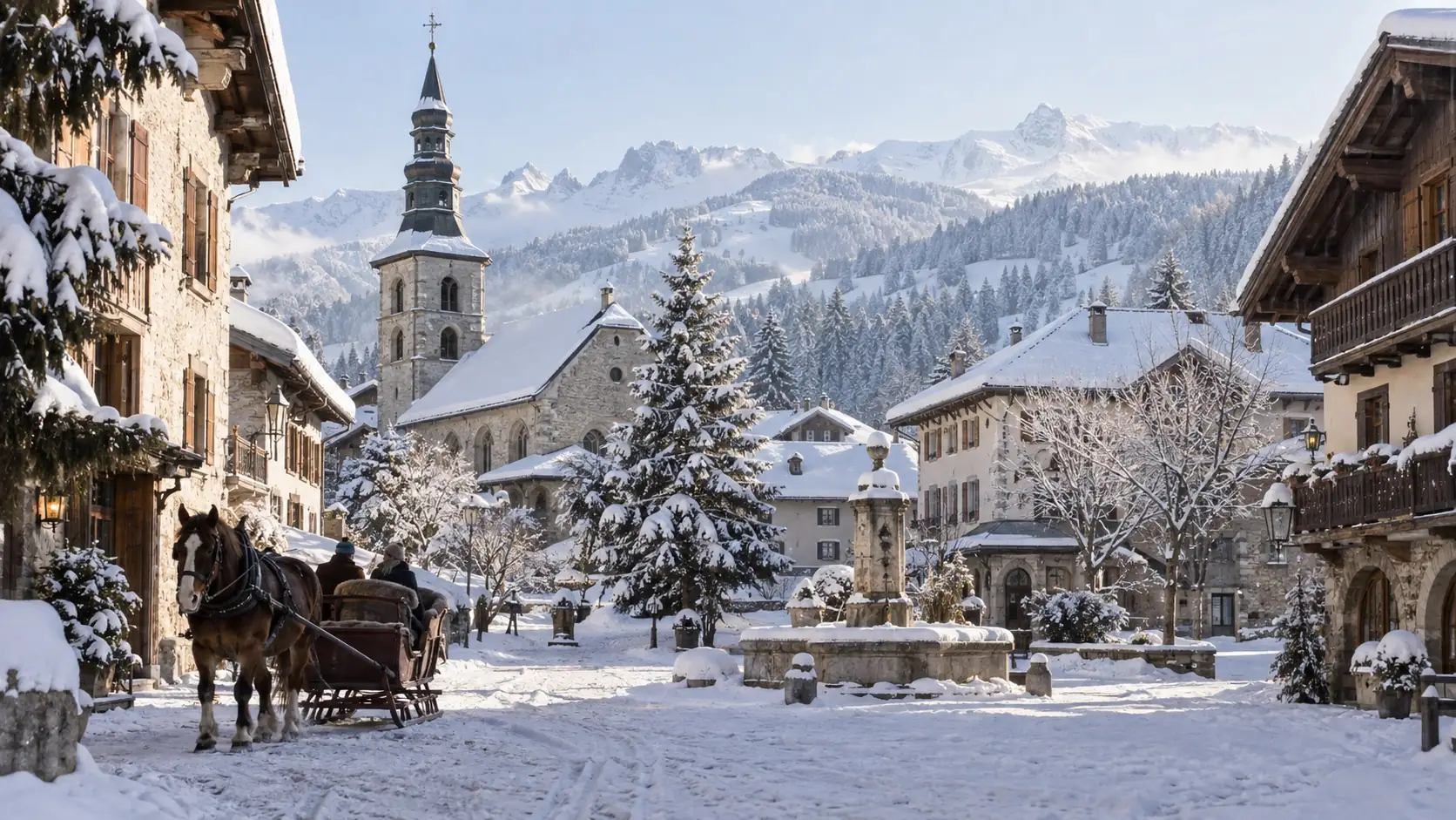 Snowy Megève village square with stone buildings, a church, and the Alps beyond