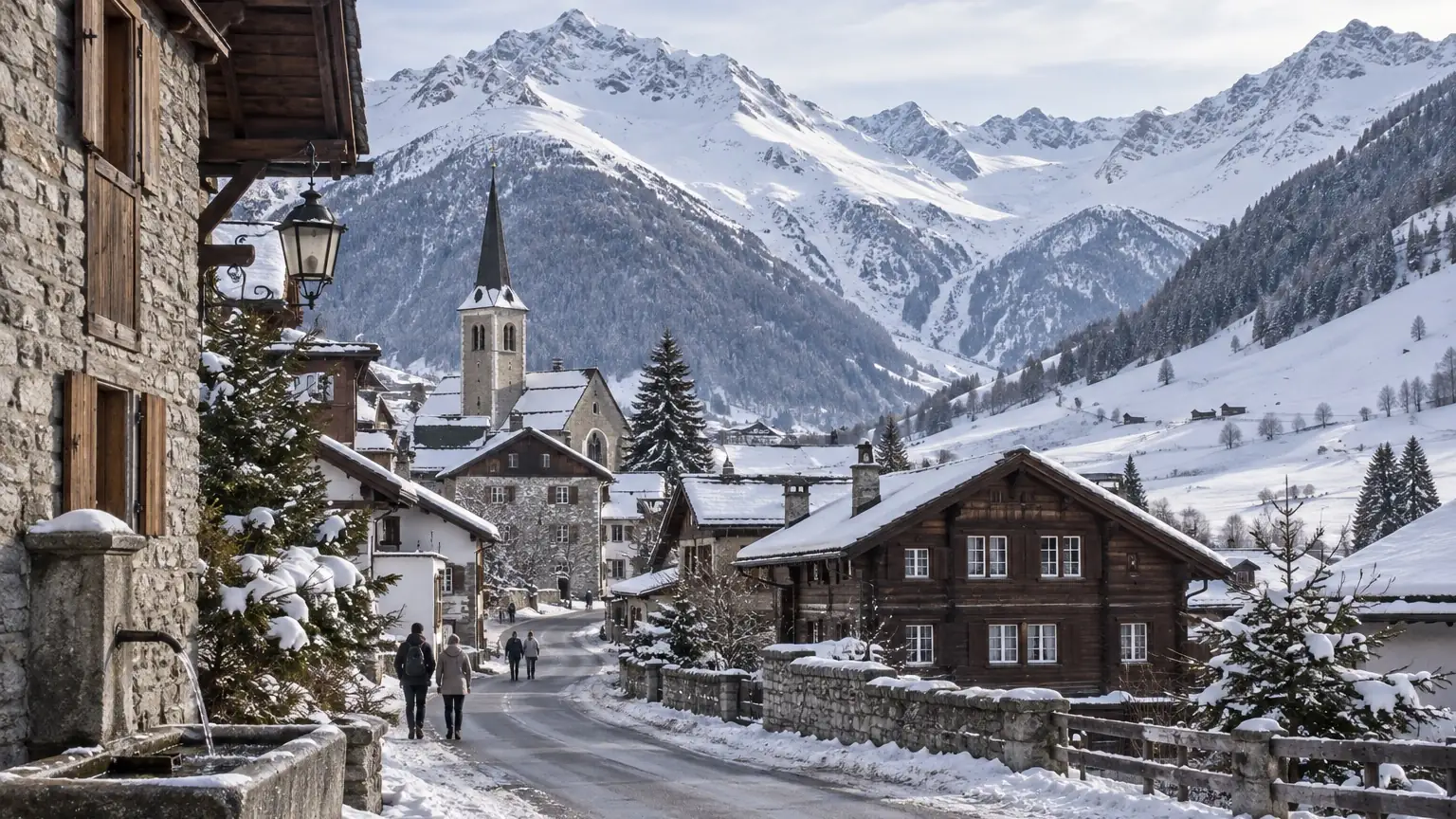 Andermatt historic village and snowy alpine valley in winter